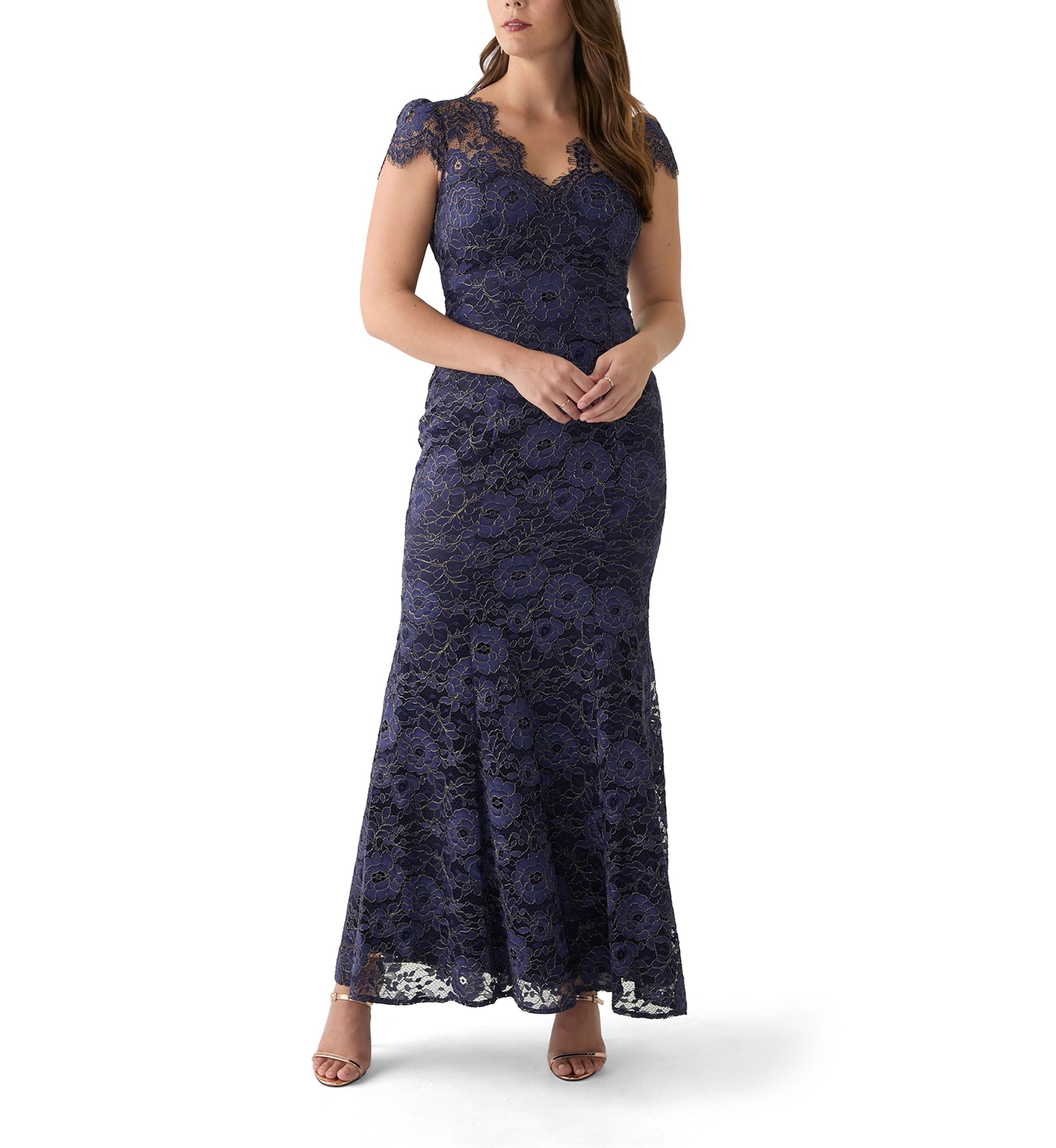 Womens Solid V-Neck Lace Gown
