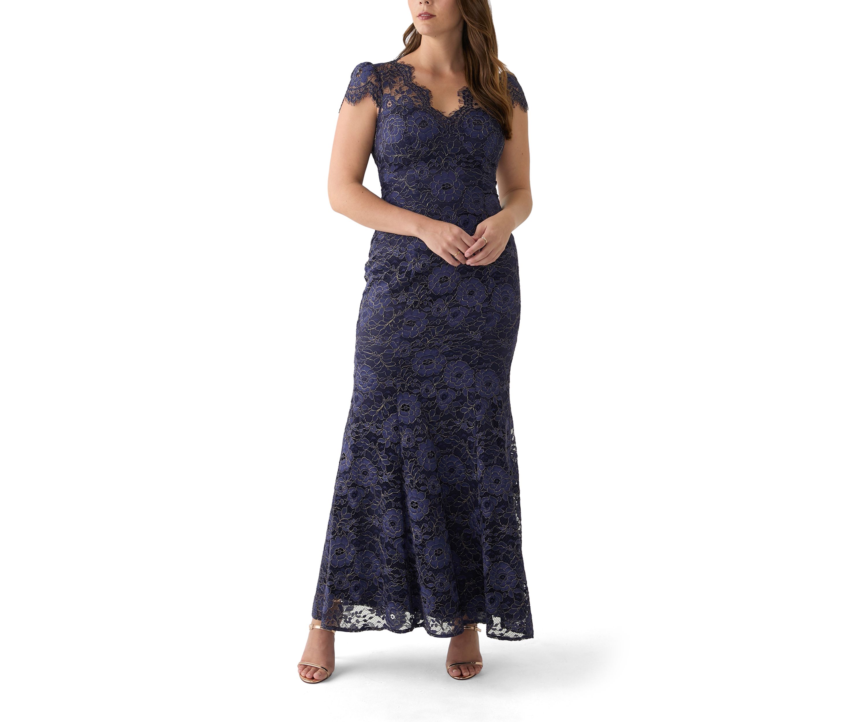 Womens Solid V-Neck Lace Gown