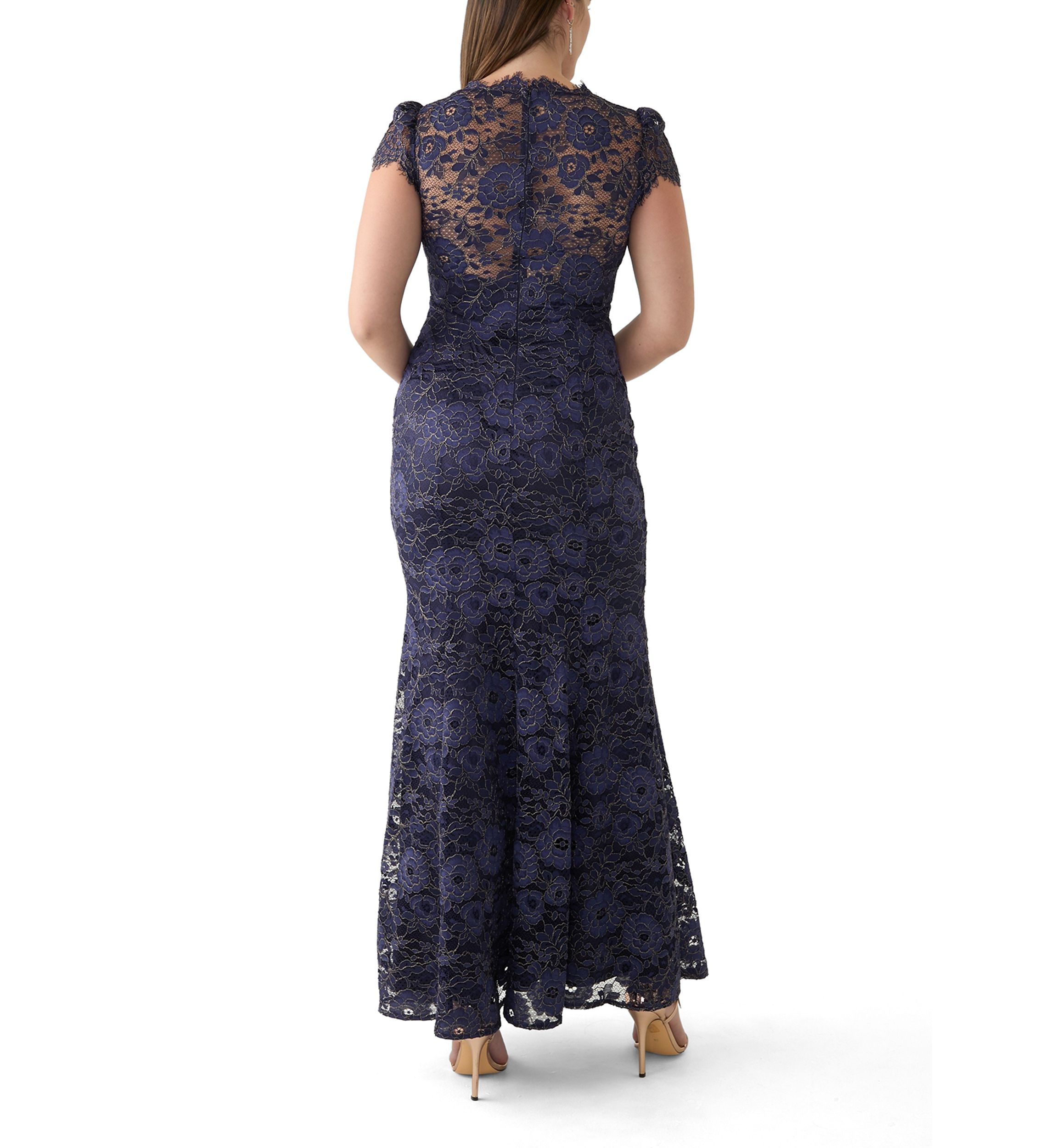 Womens Solid V-Neck Lace Gown