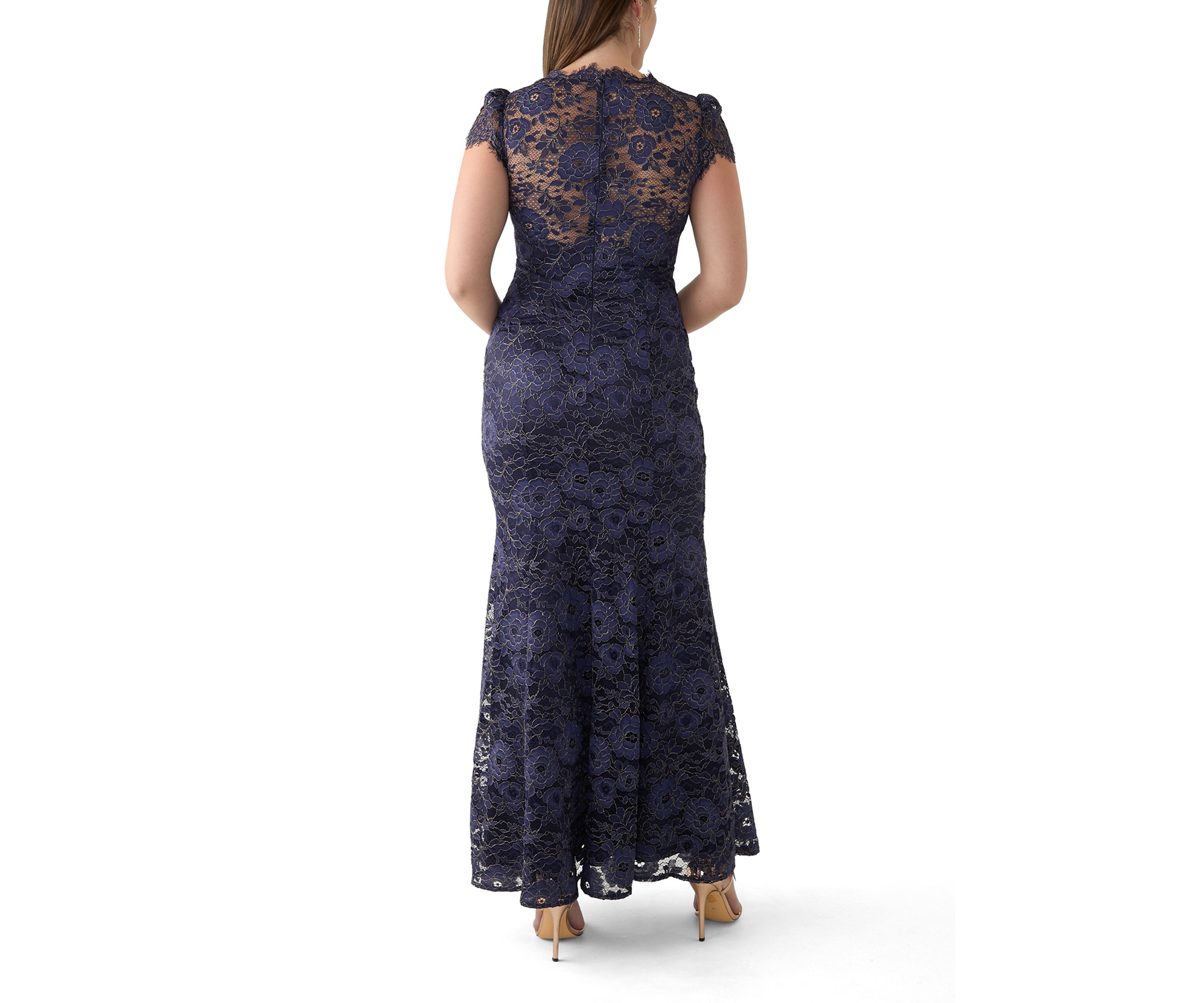 Womens Solid V-Neck Lace Gown