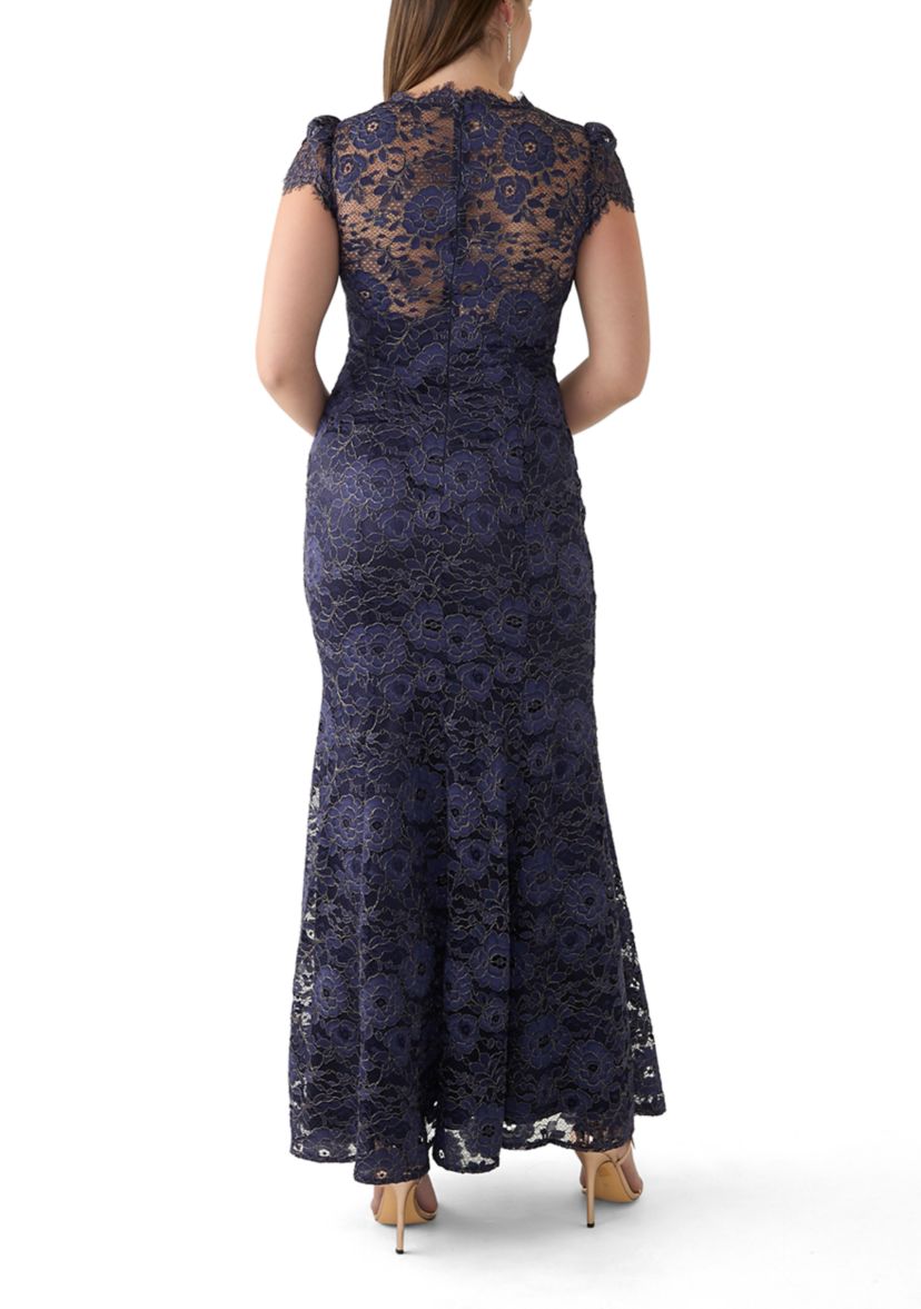 Womens Solid V-Neck Lace Gown