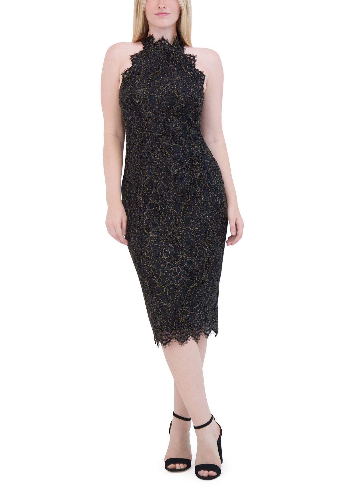 Womens Sleeveless Halter Neck Lace Sheath Dress 