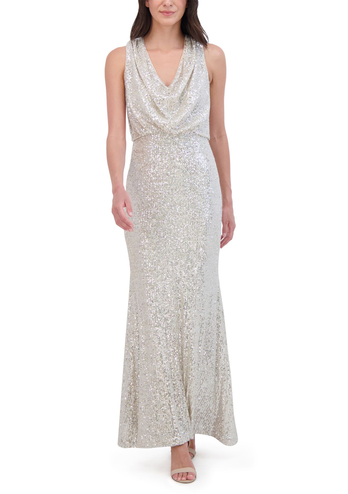 Sleeveless Cowl Neck Sequin Gown 
