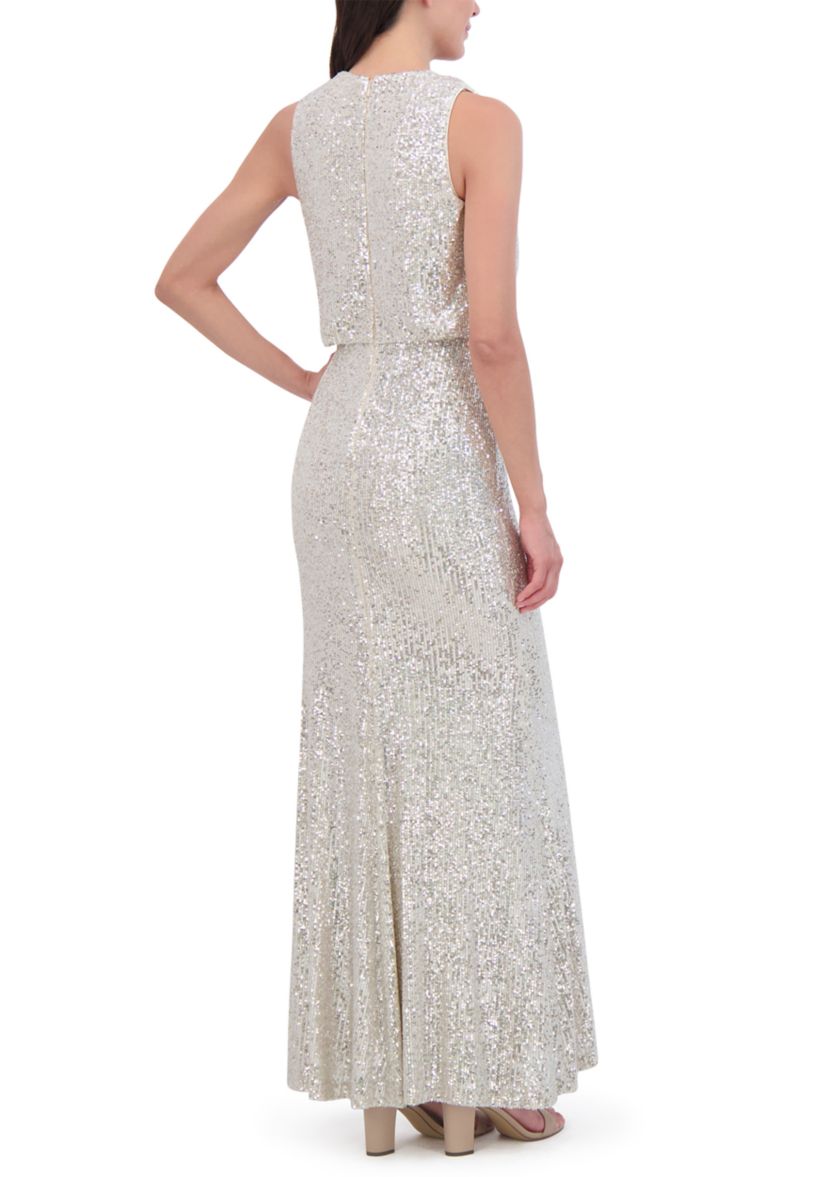 Sleeveless Cowl Neck Sequin Gown 