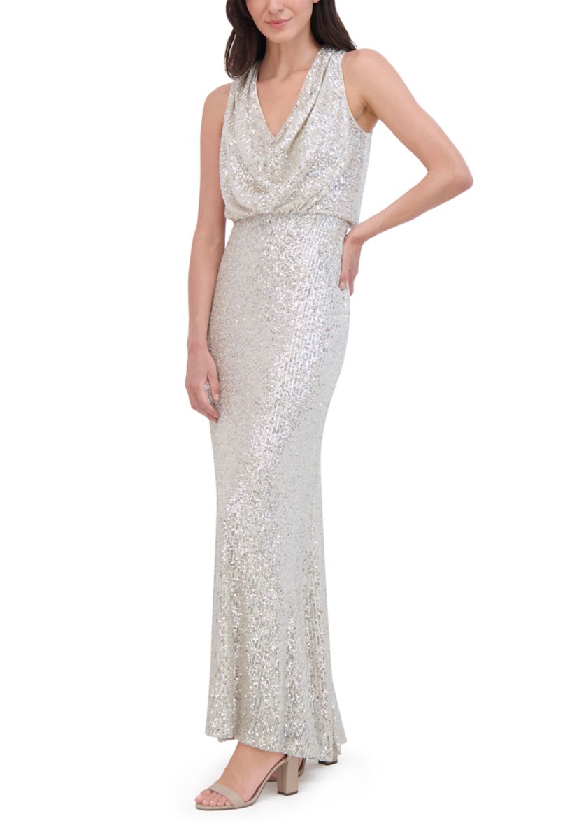 Sleeveless Cowl Neck Sequin Gown 
