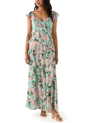 Eliza J Women's V-Neck Floral Printed Chiffon Gown, Mint, 8