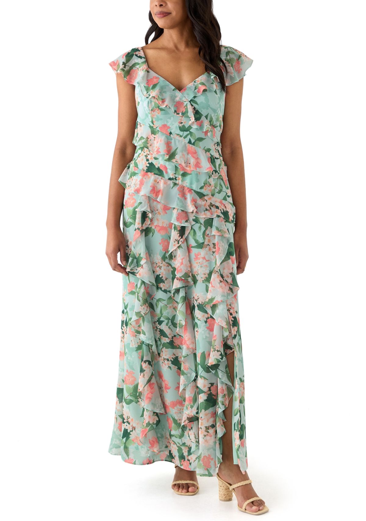 Womens V-Neck Floral Printed Chiffon Gown