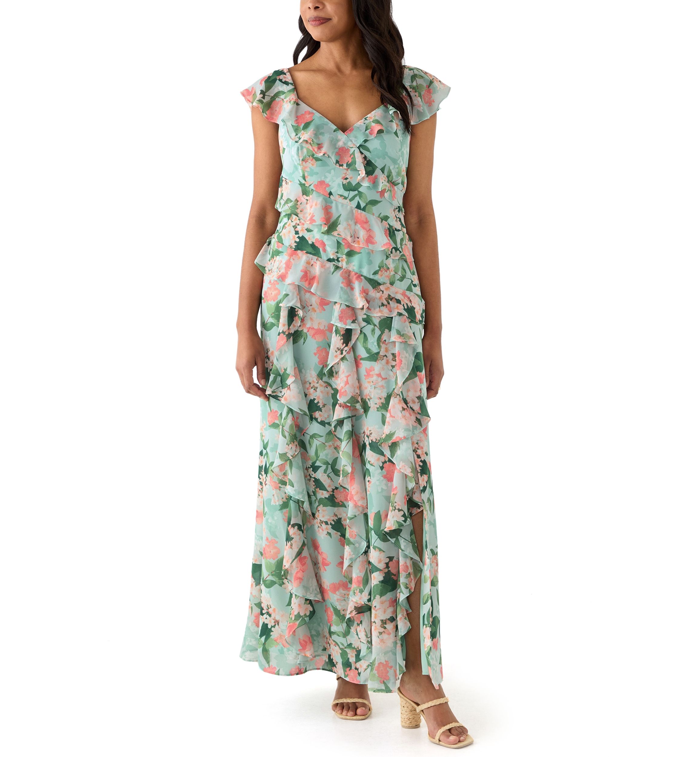 Womens V-Neck Floral Printed Chiffon Gown