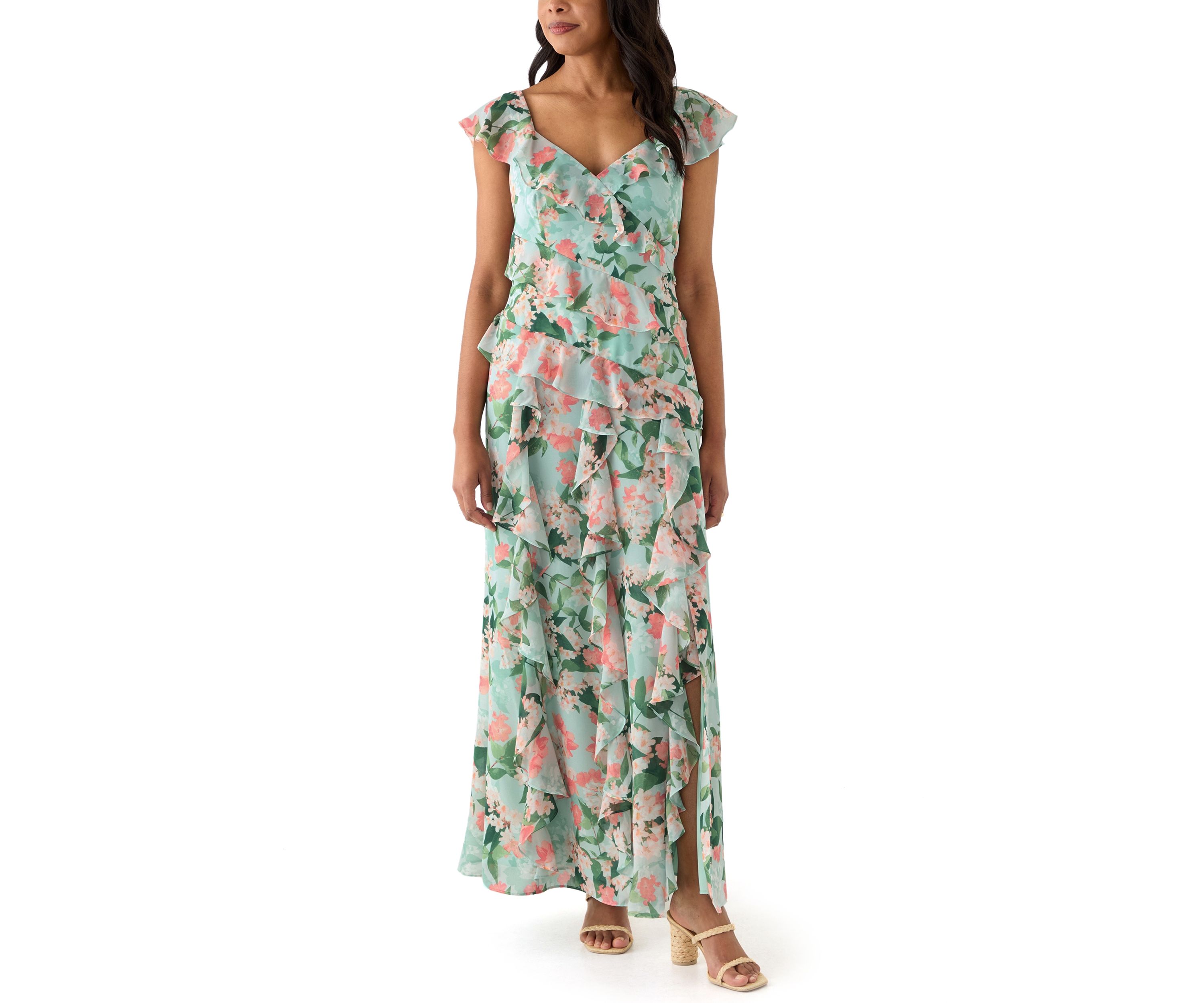 Womens V-Neck Floral Printed Chiffon Gown