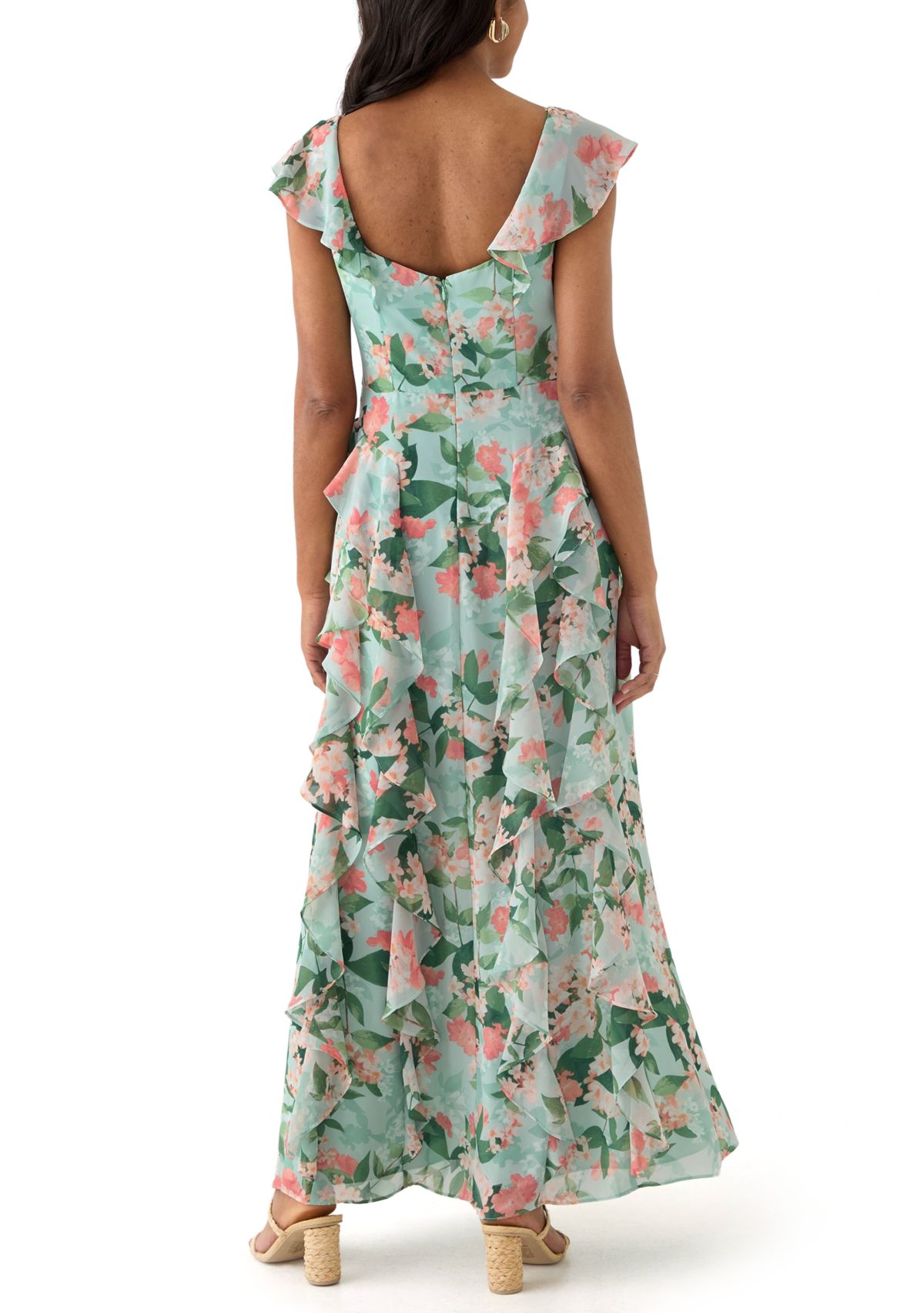 Womens V-Neck Floral Printed Chiffon Gown