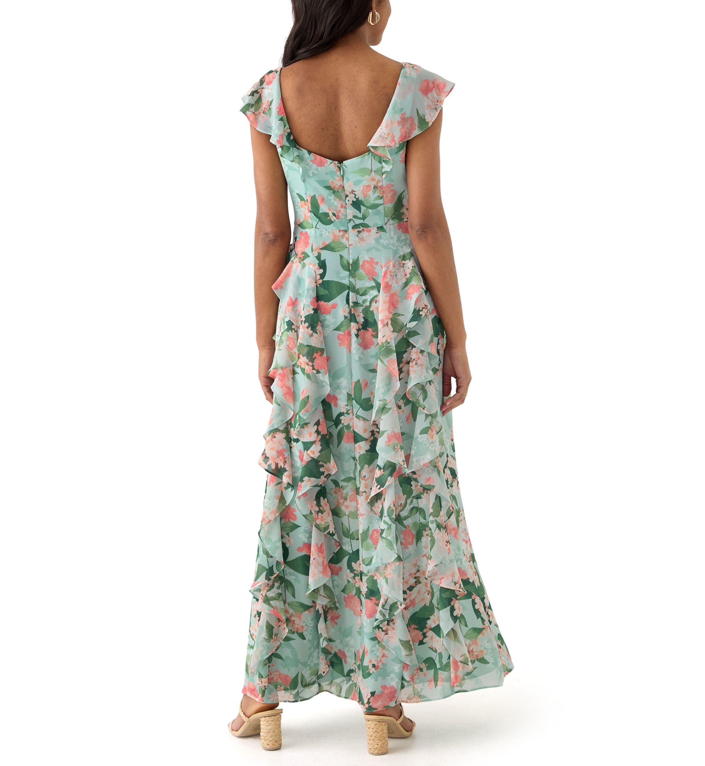 Womens V-Neck Floral Printed Chiffon Gown