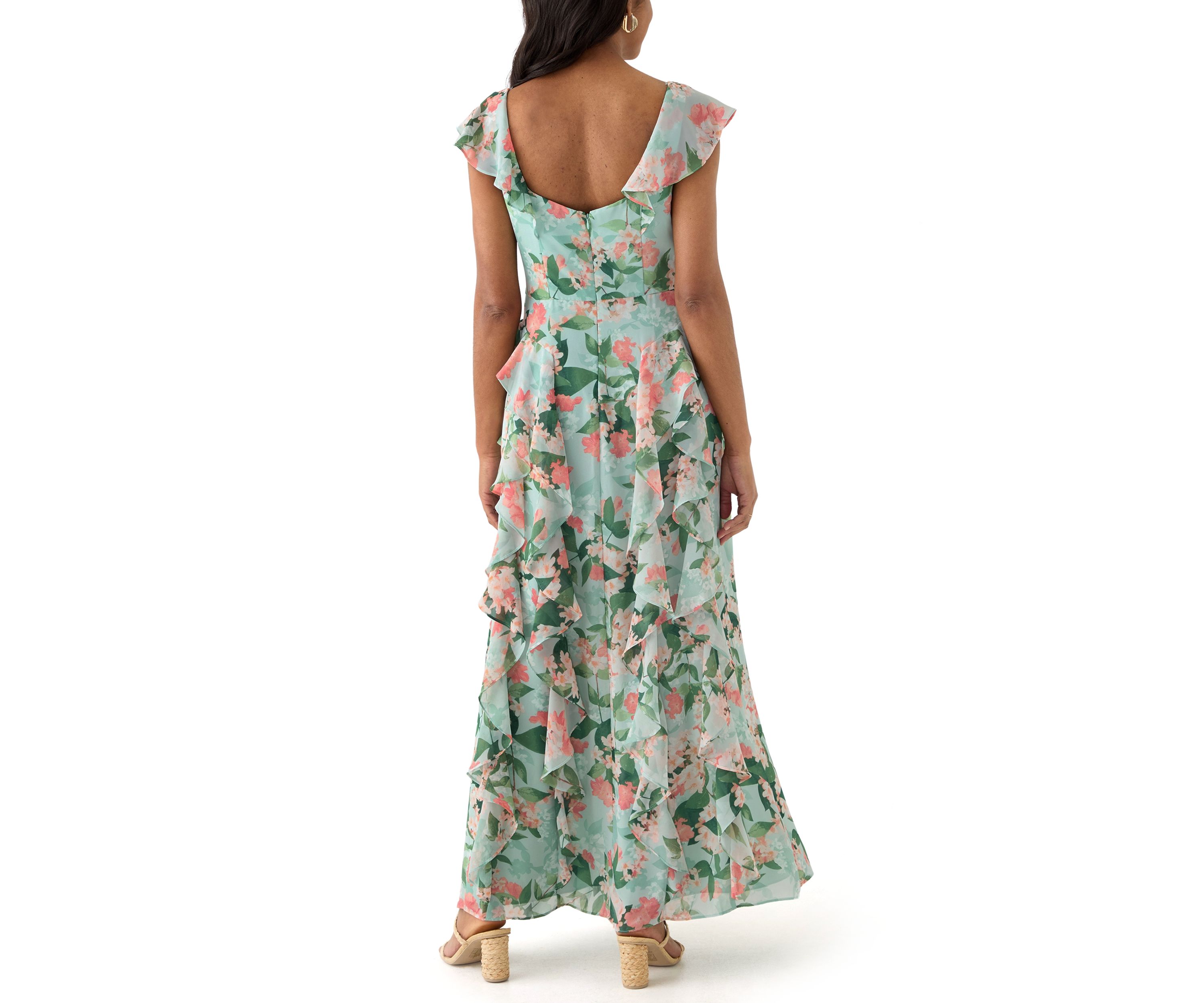 Womens V-Neck Floral Printed Chiffon Gown