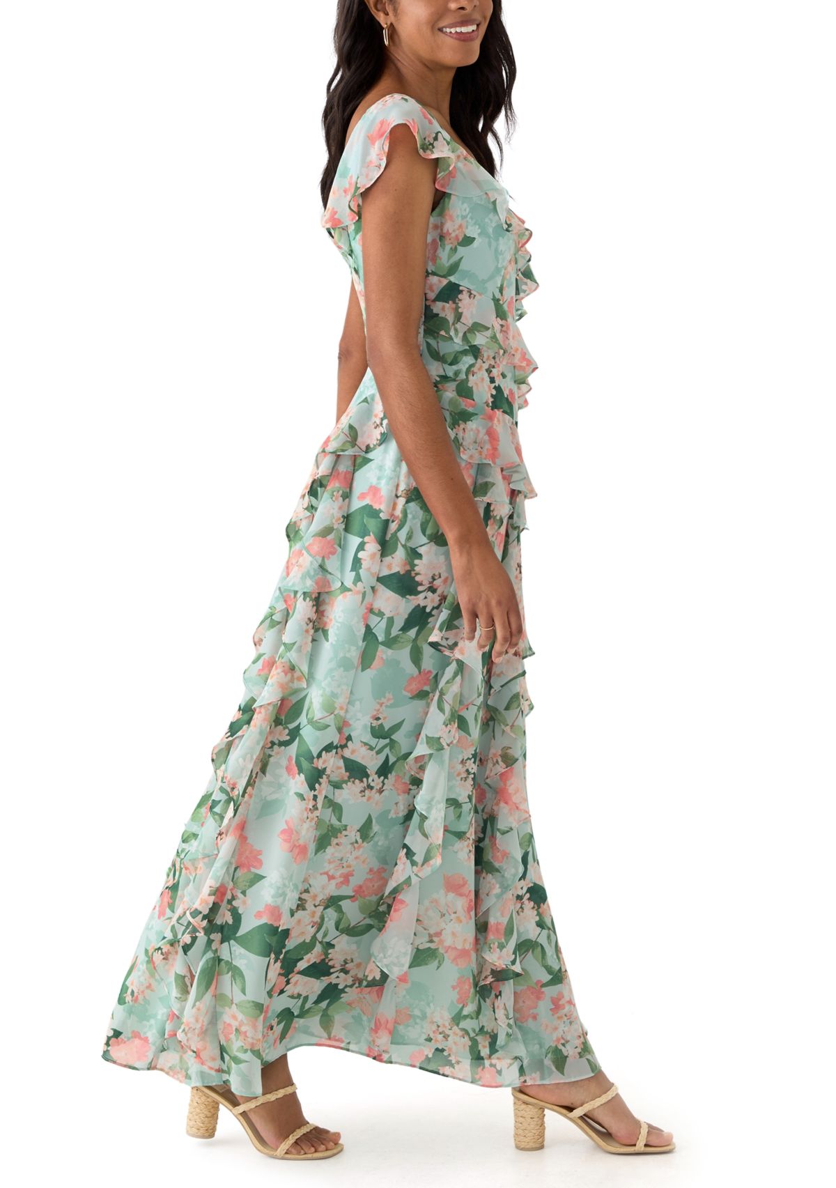 Womens V-Neck Floral Printed Chiffon Gown