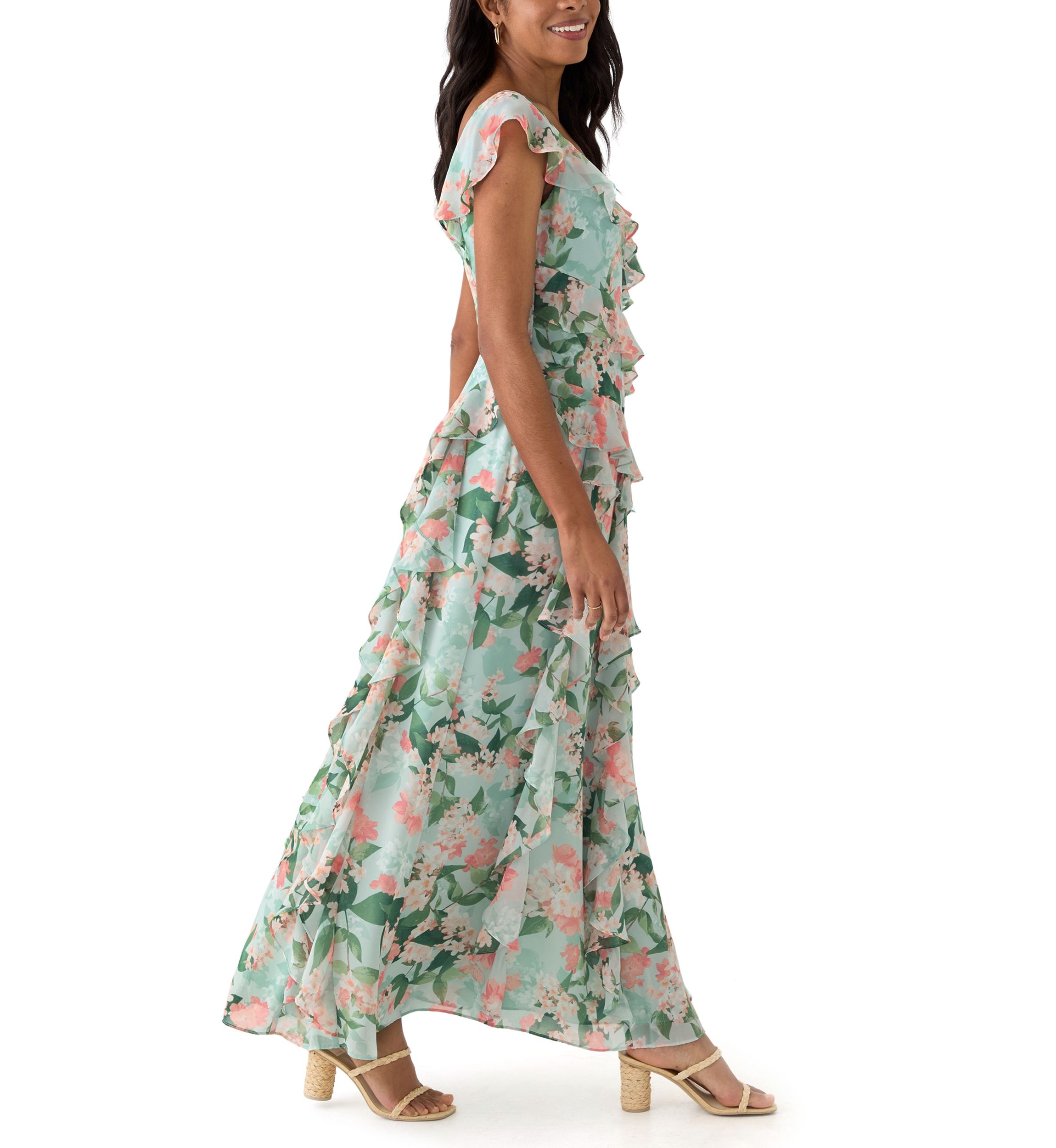 Womens V-Neck Floral Printed Chiffon Gown