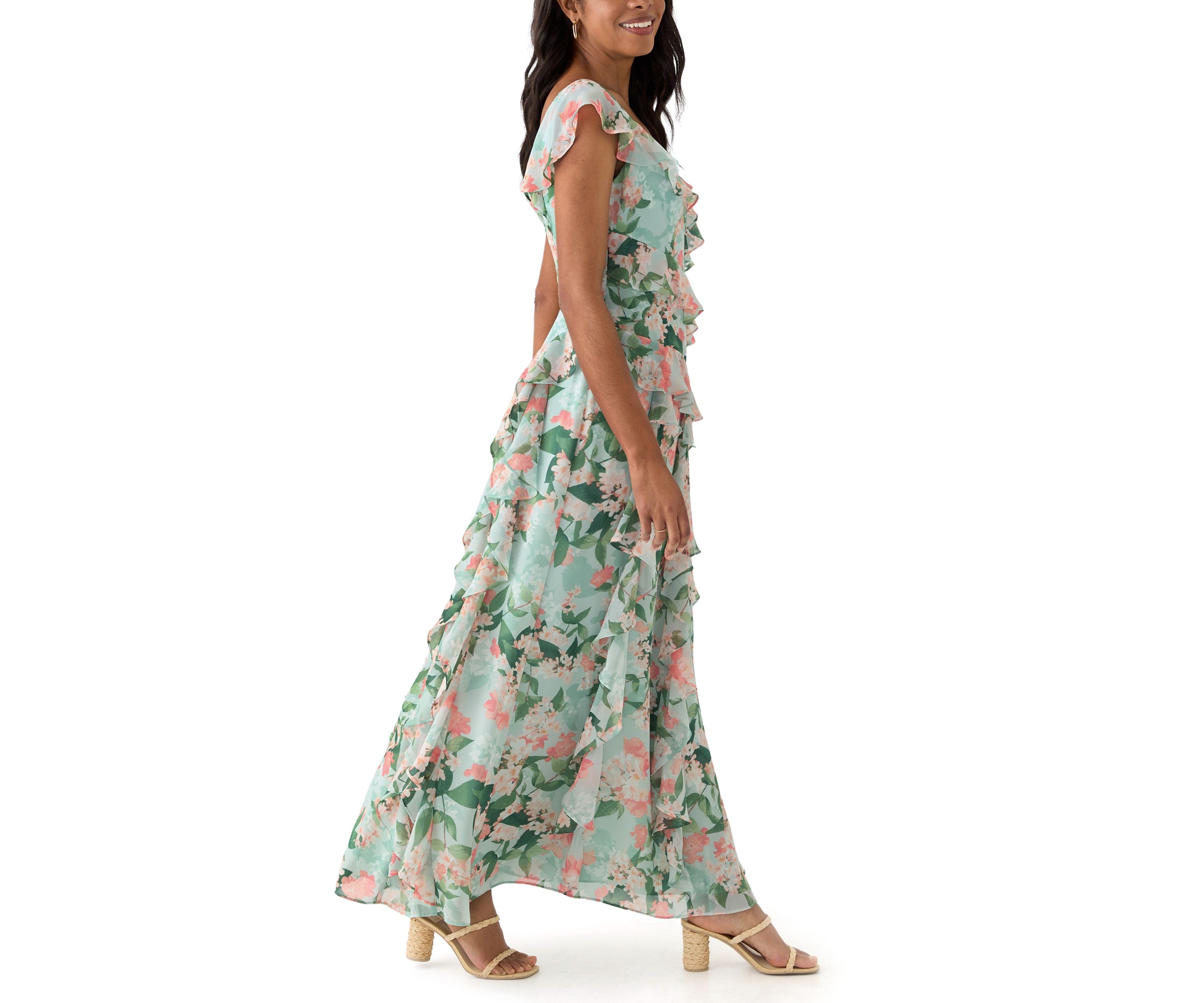 Womens V-Neck Floral Printed Chiffon Gown
