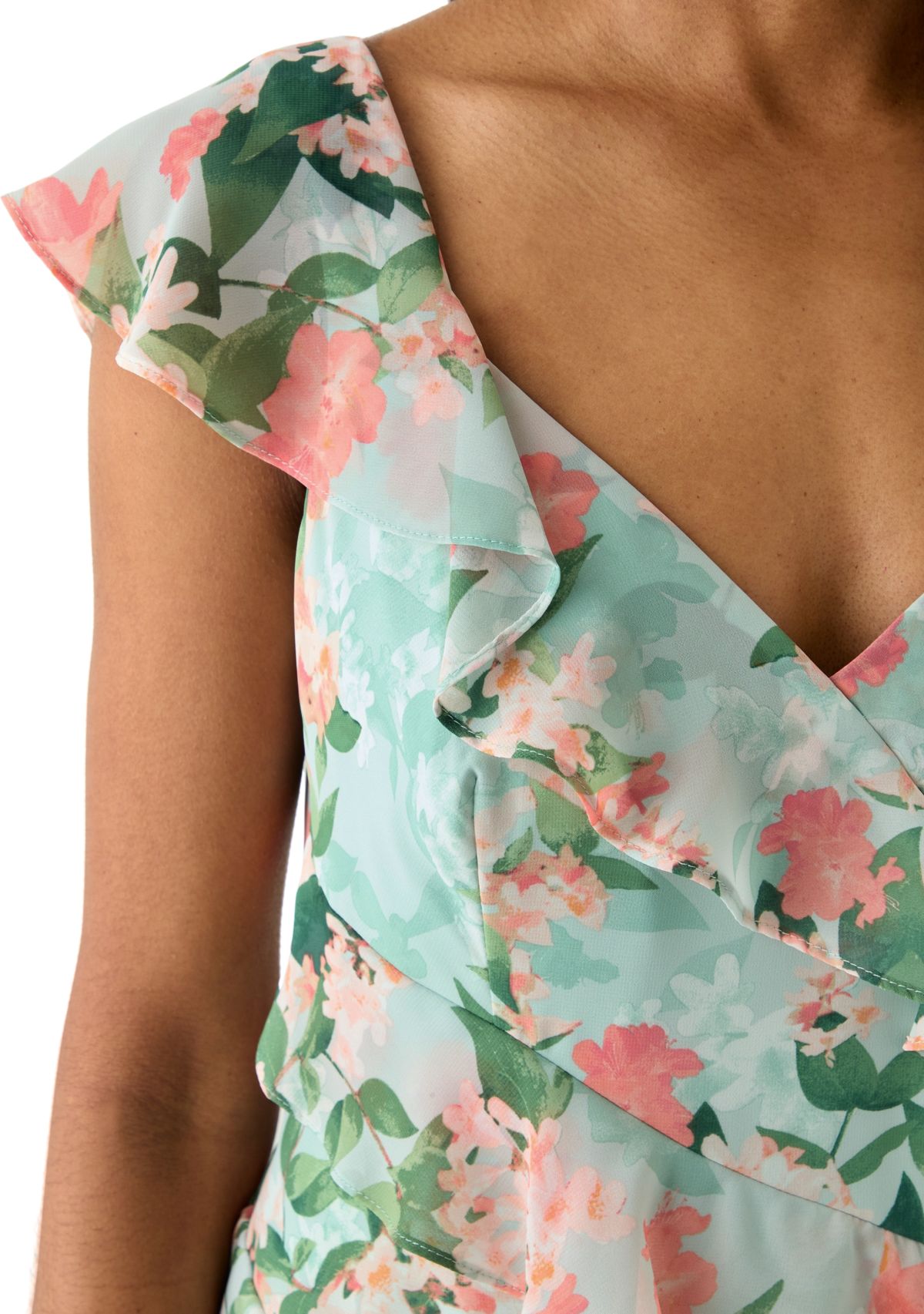 Womens V-Neck Floral Printed Chiffon Gown