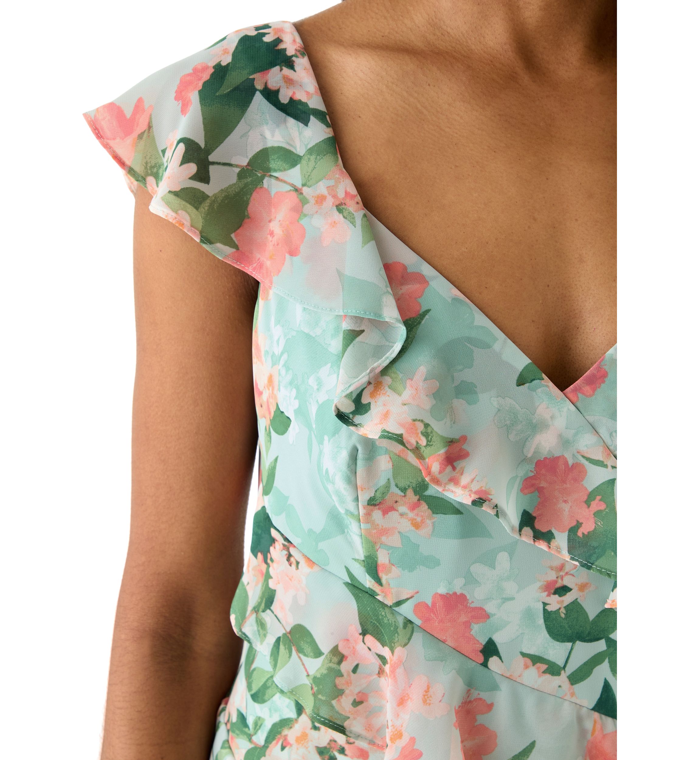 Womens V-Neck Floral Printed Chiffon Gown