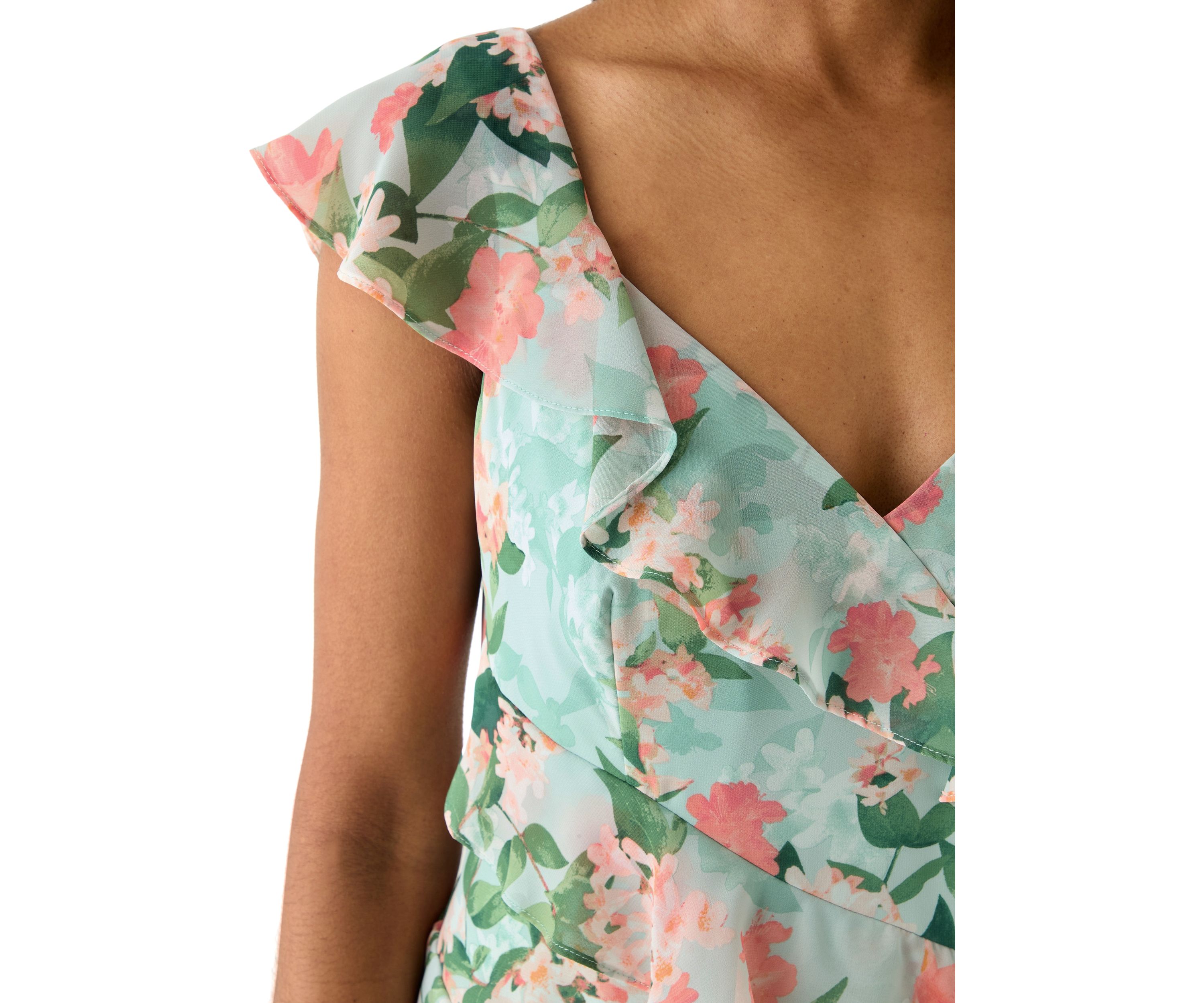 Womens V-Neck Floral Printed Chiffon Gown