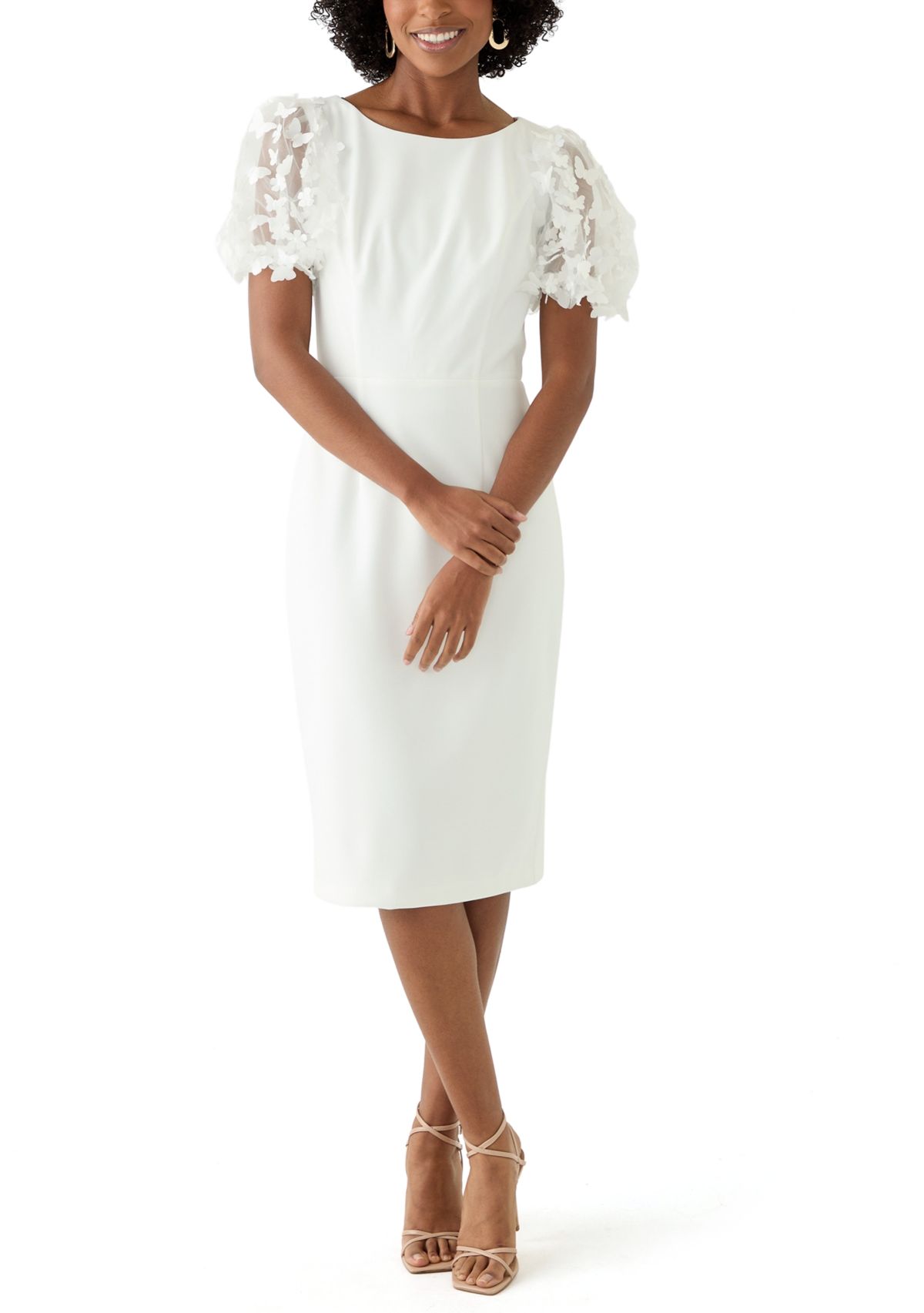 Womens Puff Sleeve Solid Scuba Sheath Dress