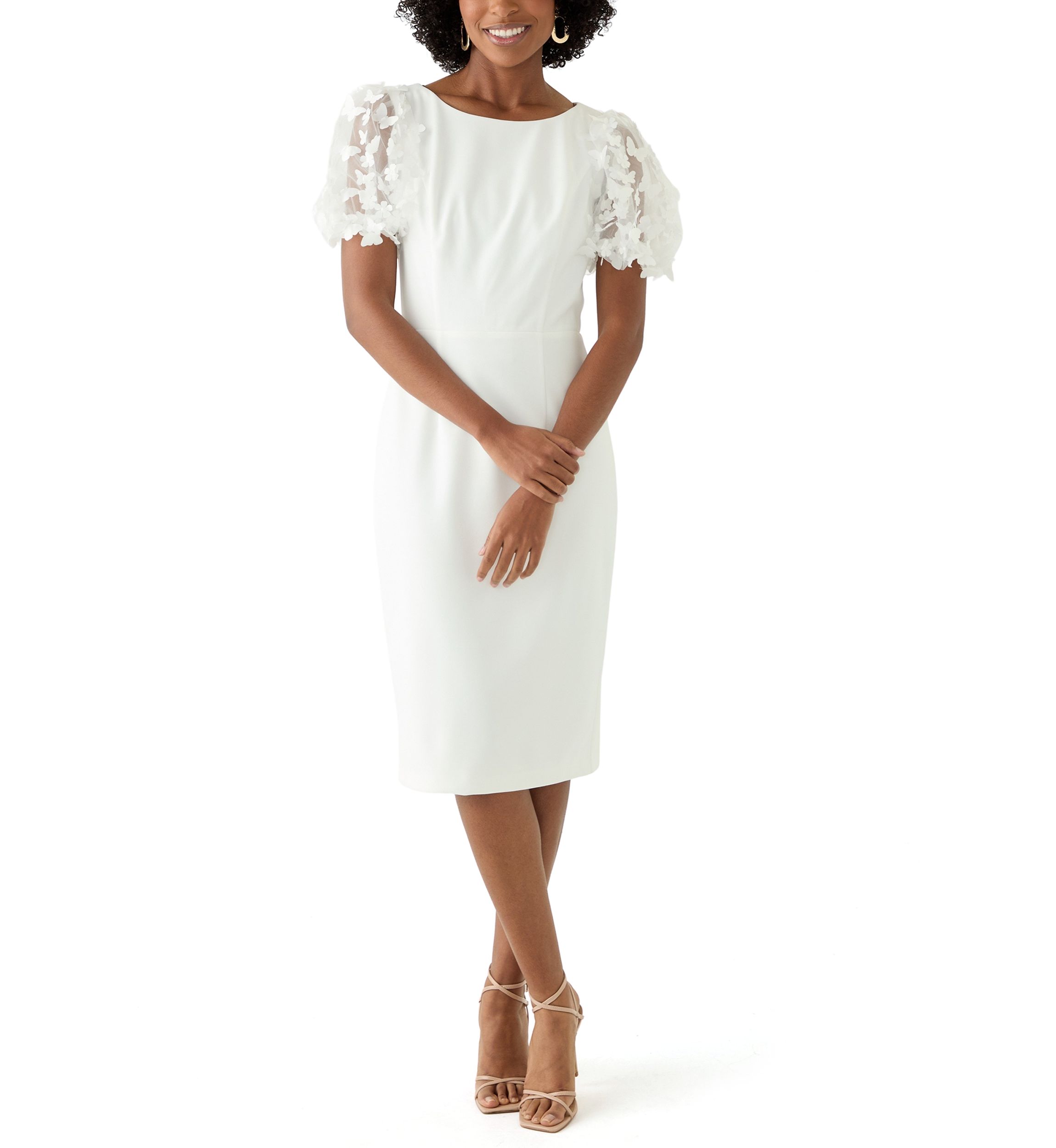 Womens Puff Sleeve Solid Scuba Sheath Dress