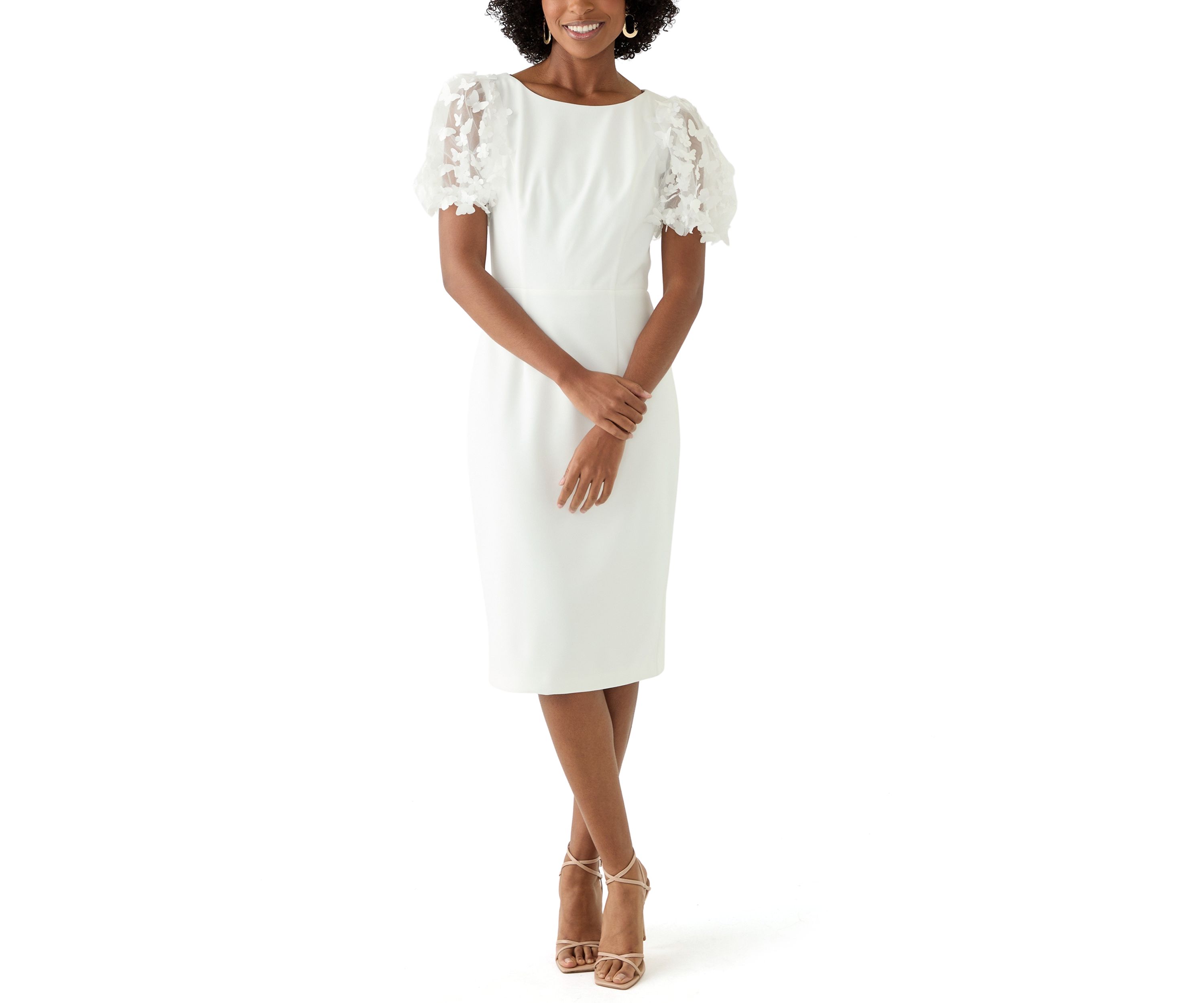 Womens Puff Sleeve Solid Scuba Sheath Dress