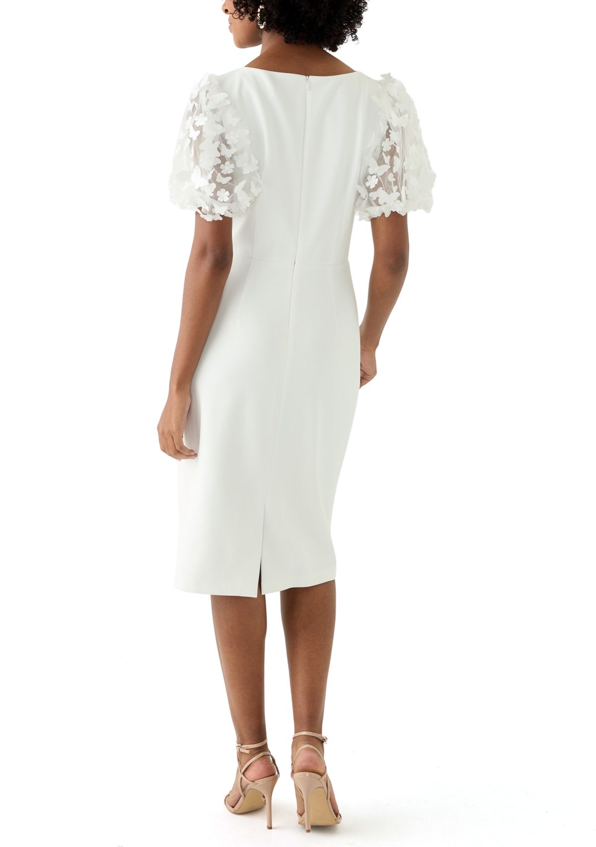 Womens Puff Sleeve Solid Scuba Sheath Dress