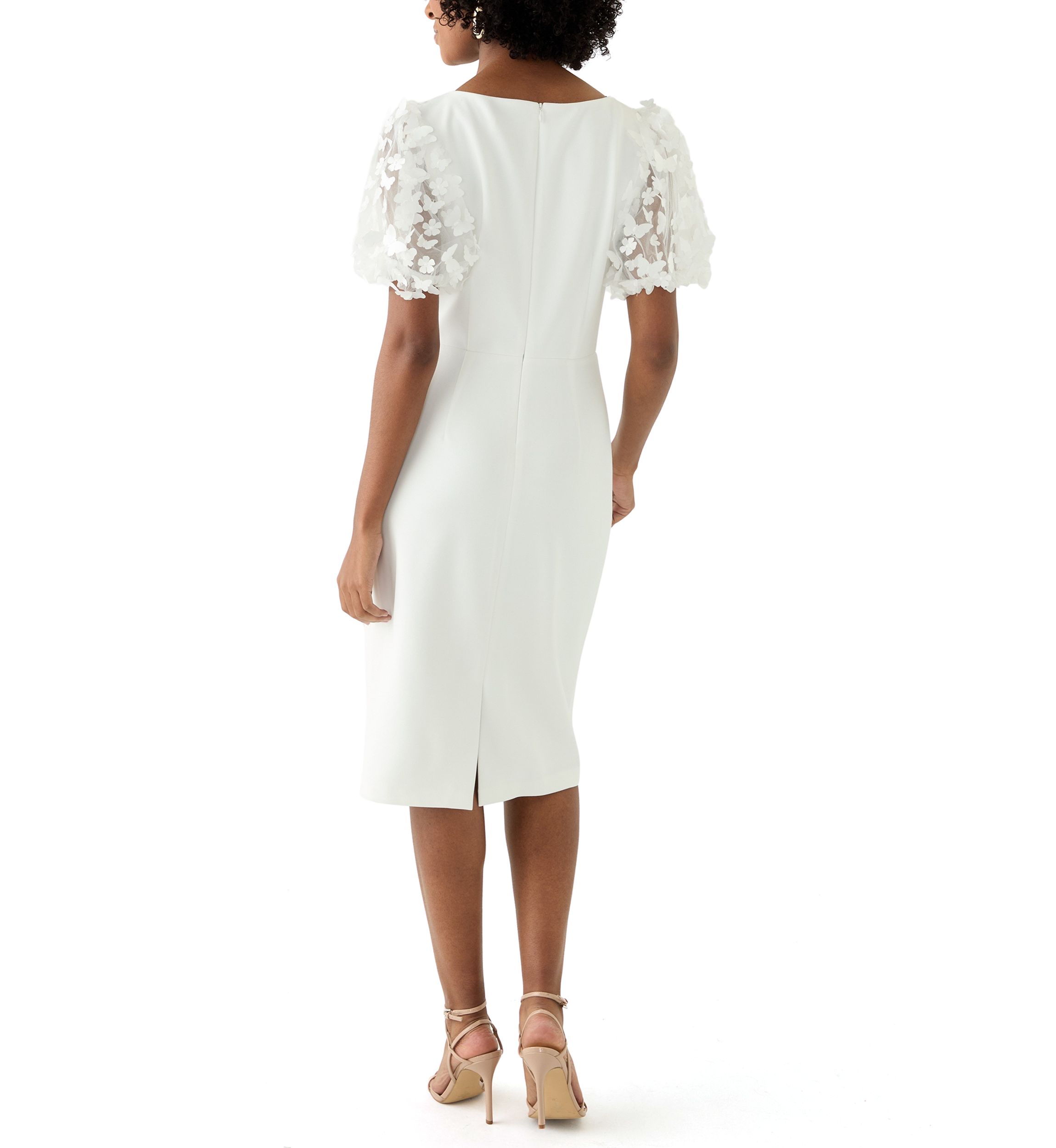 Womens Puff Sleeve Solid Scuba Sheath Dress