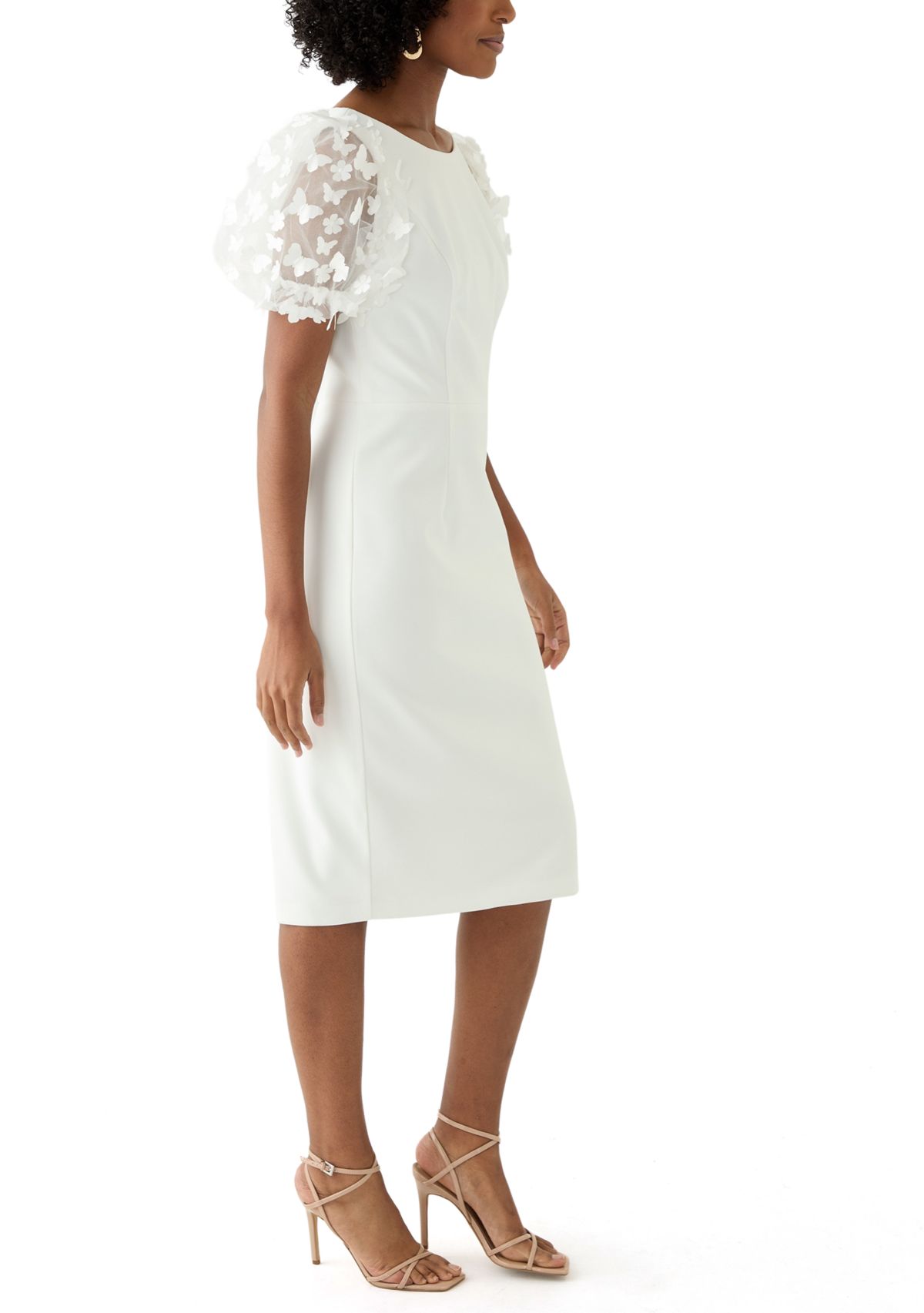 Womens Puff Sleeve Solid Scuba Sheath Dress