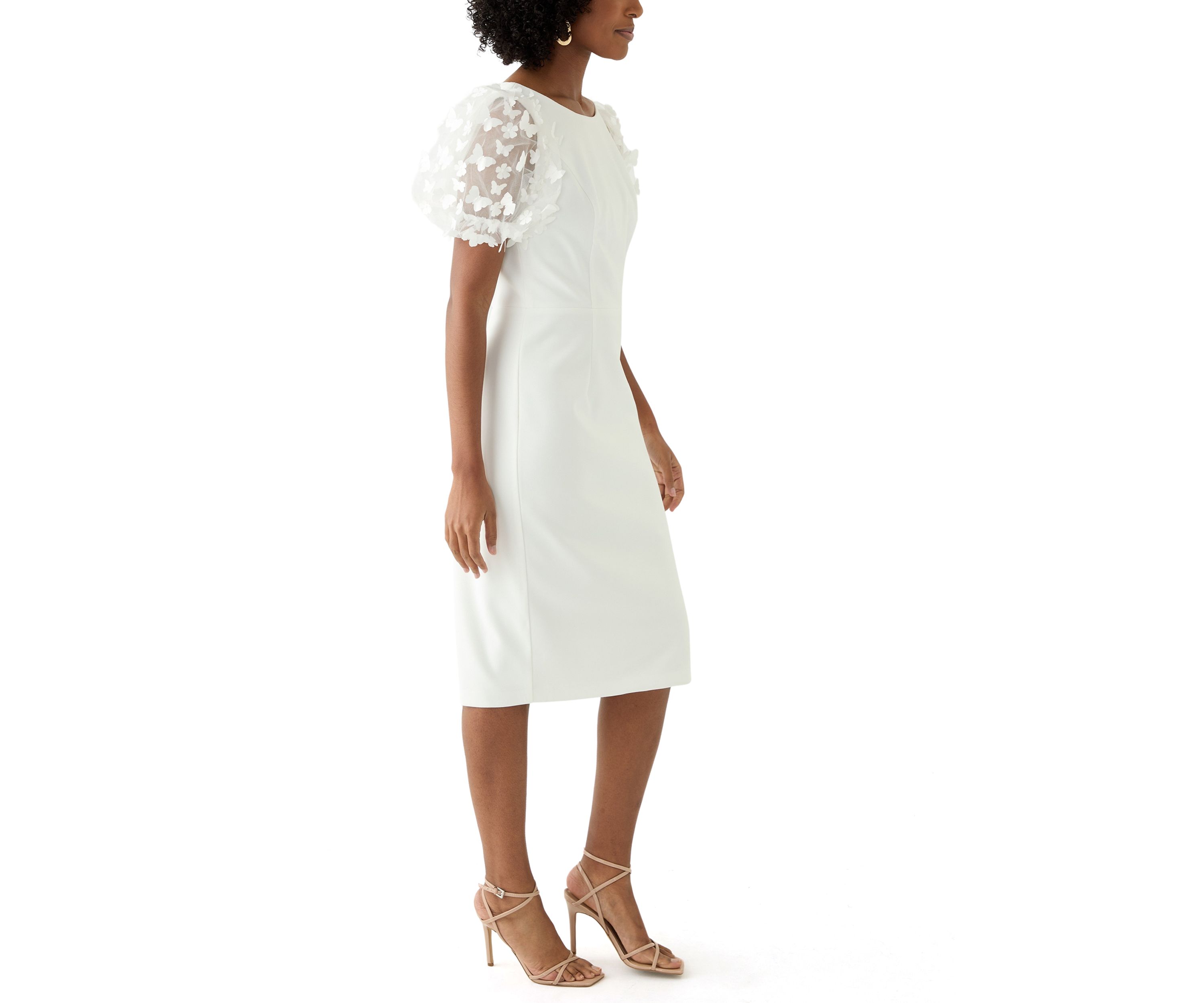 Womens Puff Sleeve Solid Scuba Sheath Dress