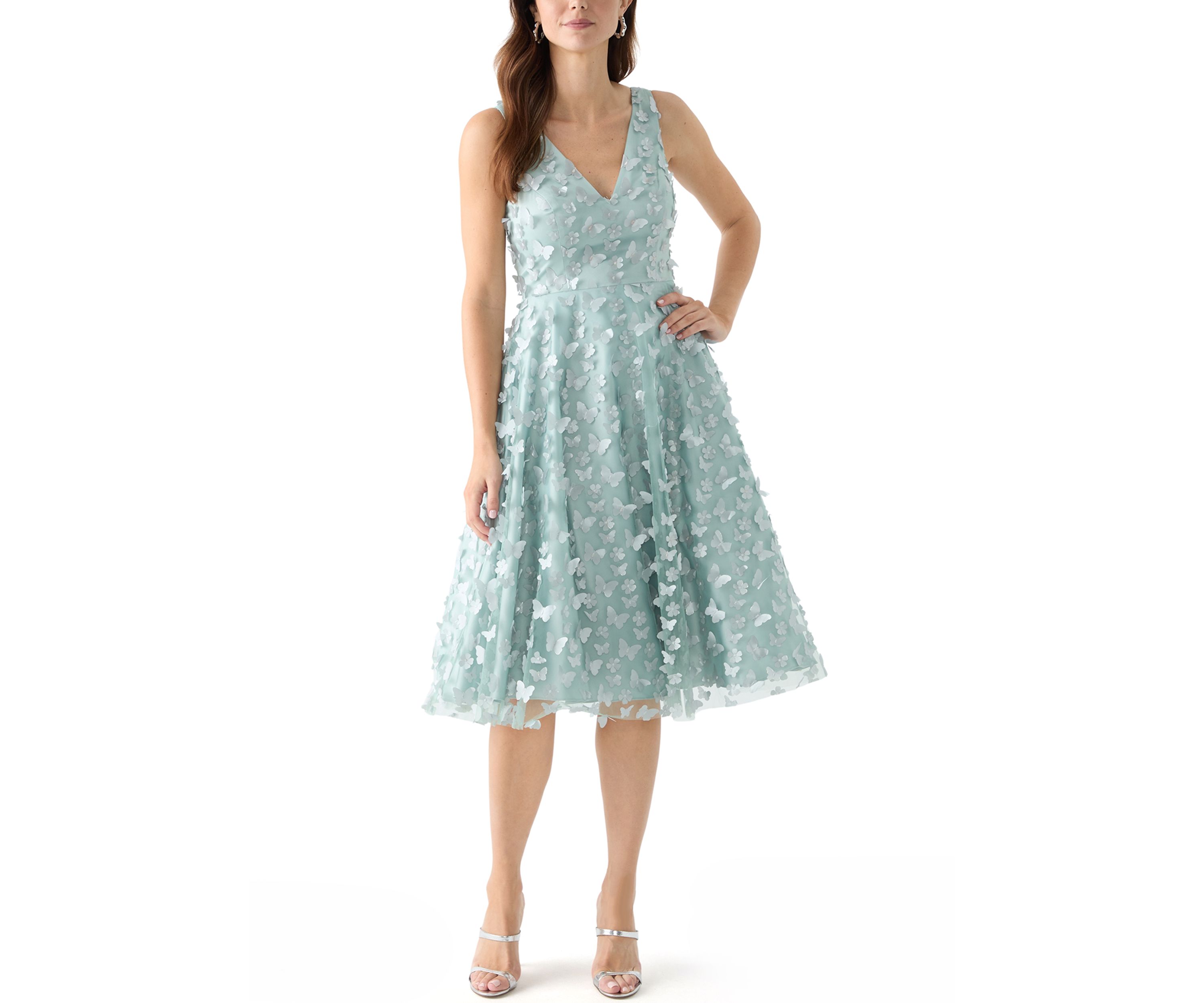 Womens Sleeveless V-Neck Floral Appliqué Fit and Flare Dress