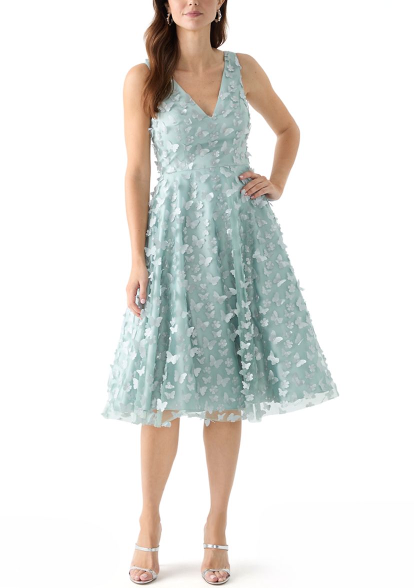 Womens Sleeveless V-Neck Floral Appliqué Fit and Flare Dress