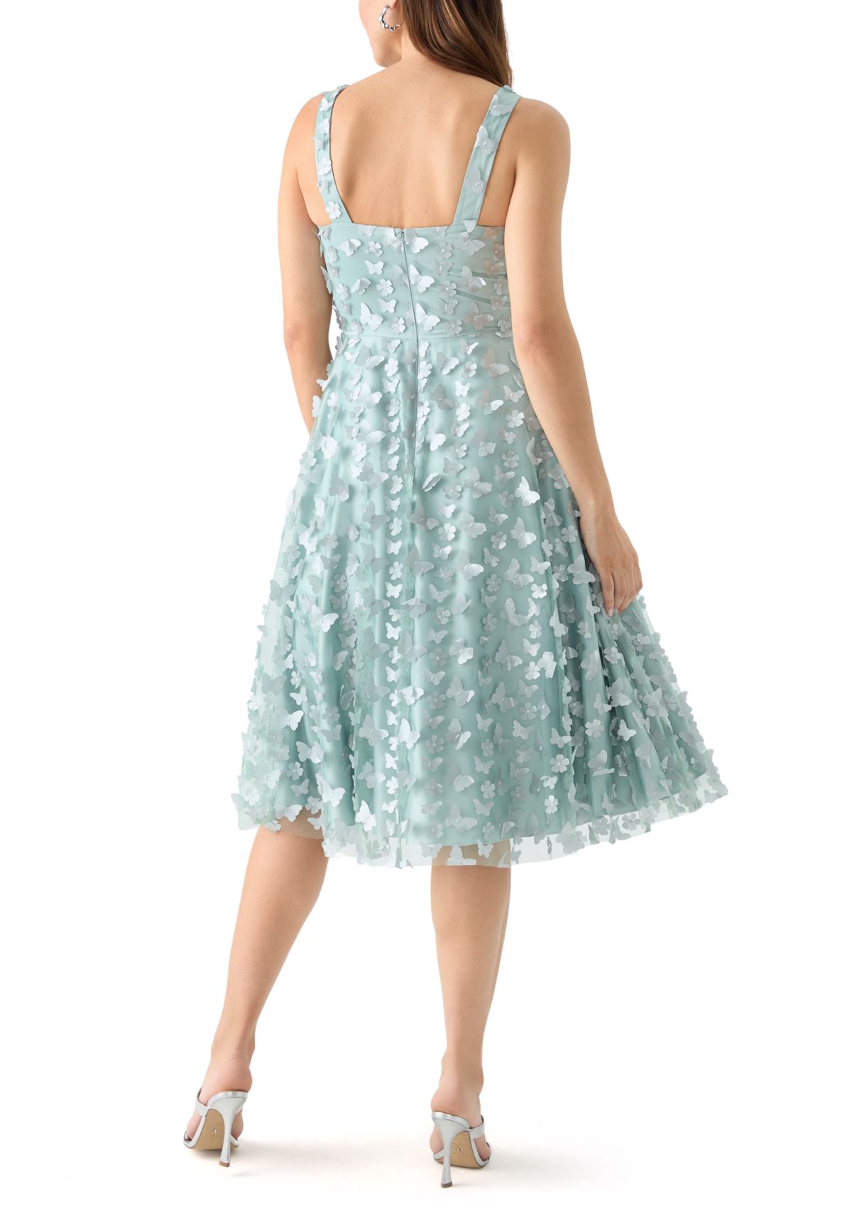 Womens Sleeveless V-Neck Floral Appliqué Fit and Flare Dress