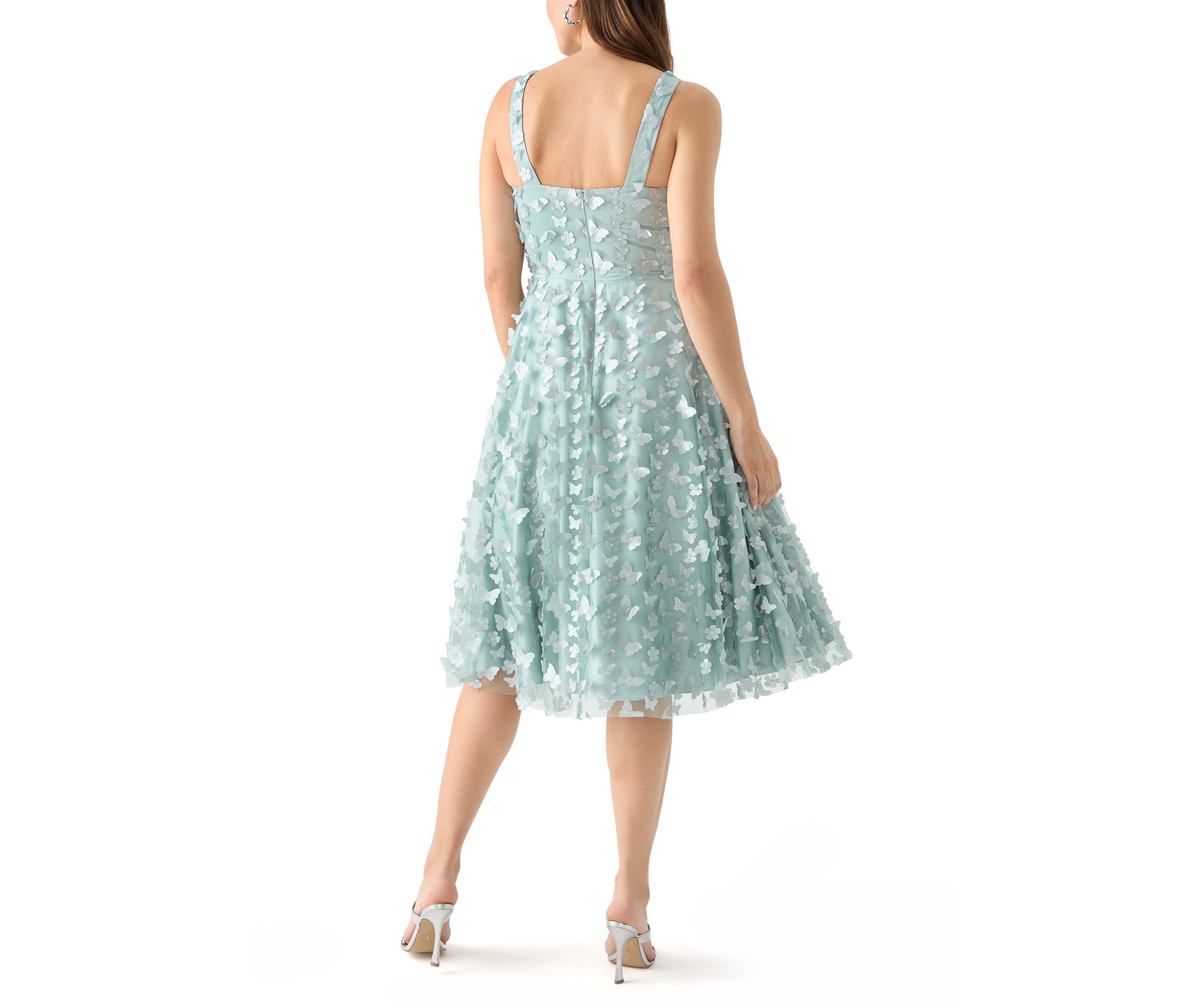 Womens Sleeveless V-Neck Floral Appliqué Fit and Flare Dress