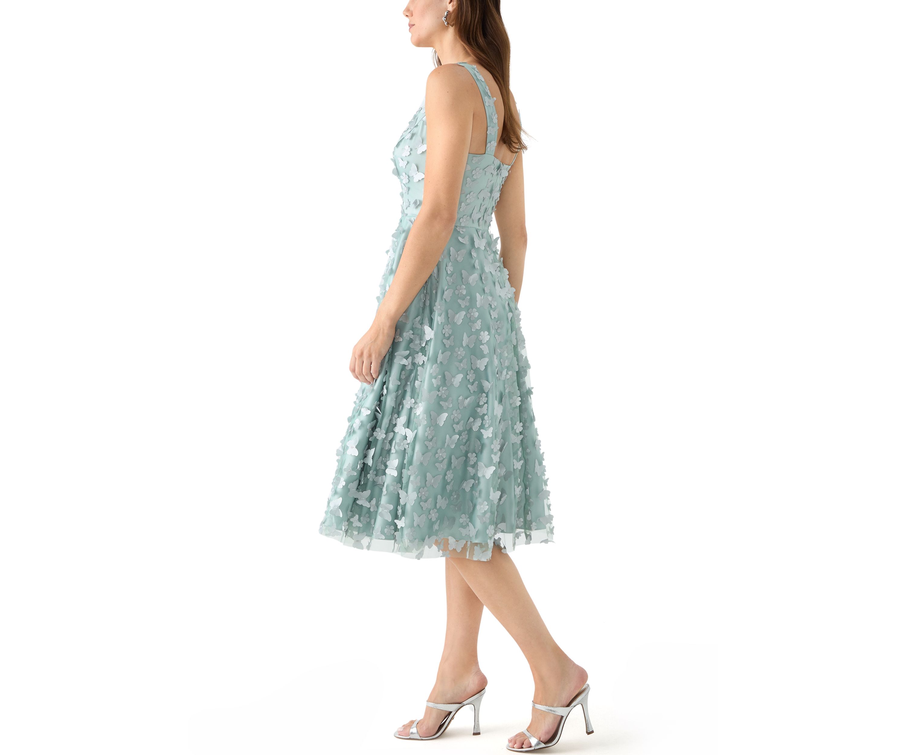 Womens Sleeveless V-Neck Floral Appliqué Fit and Flare Dress