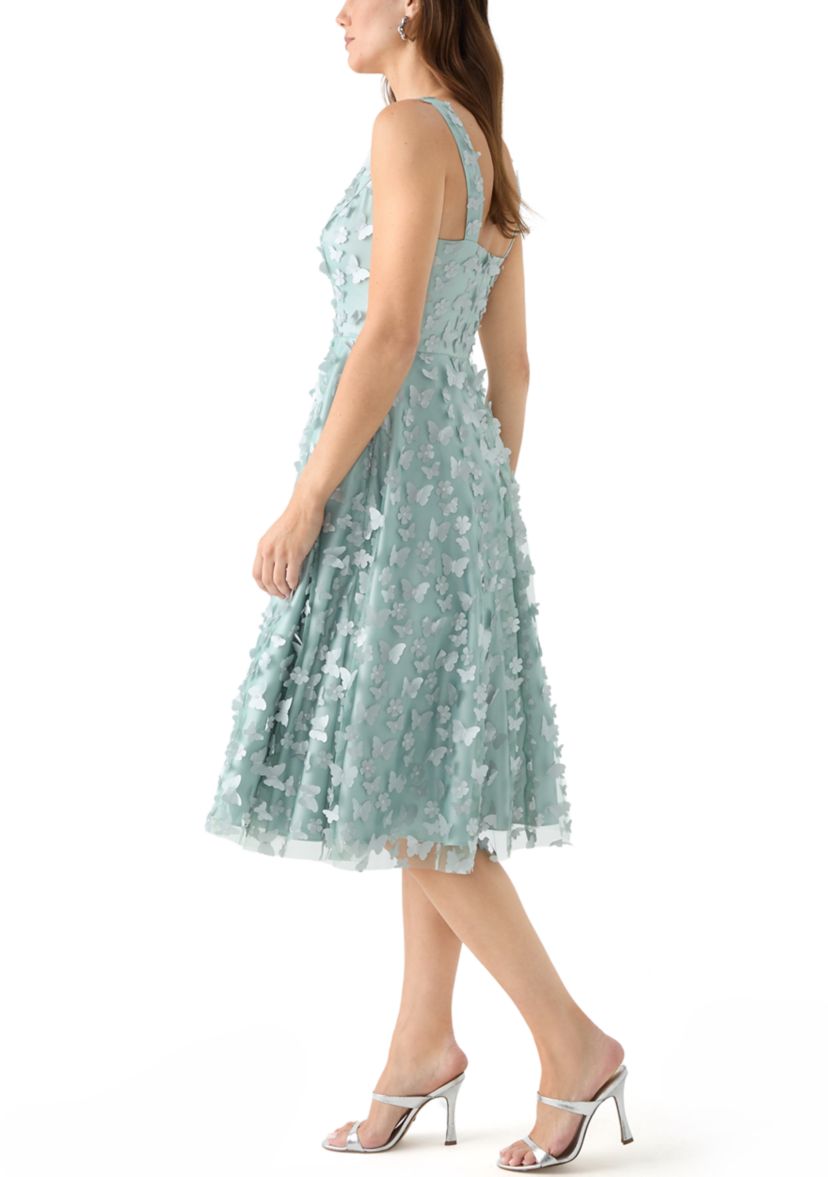 Womens Sleeveless V-Neck Floral Appliqué Fit and Flare Dress