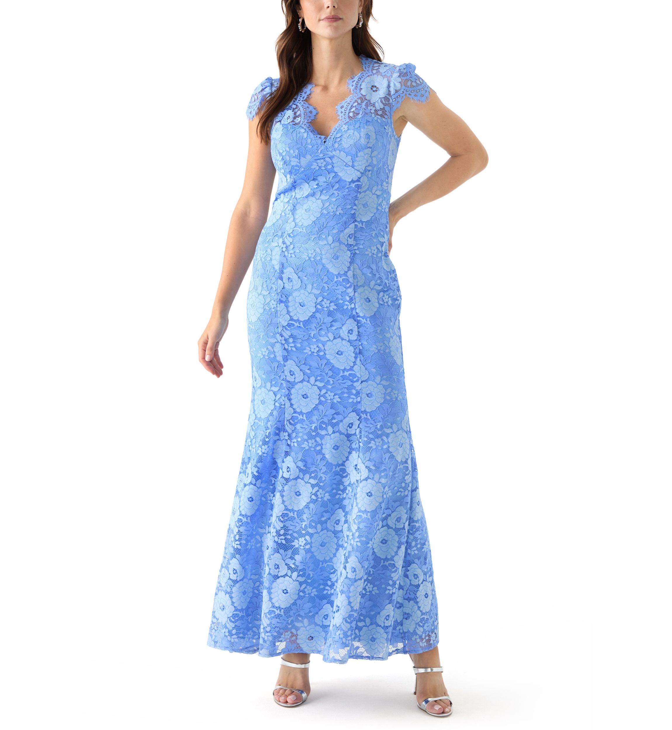 Womens Short Sleeve V-Neck Lace Appliqué Gown