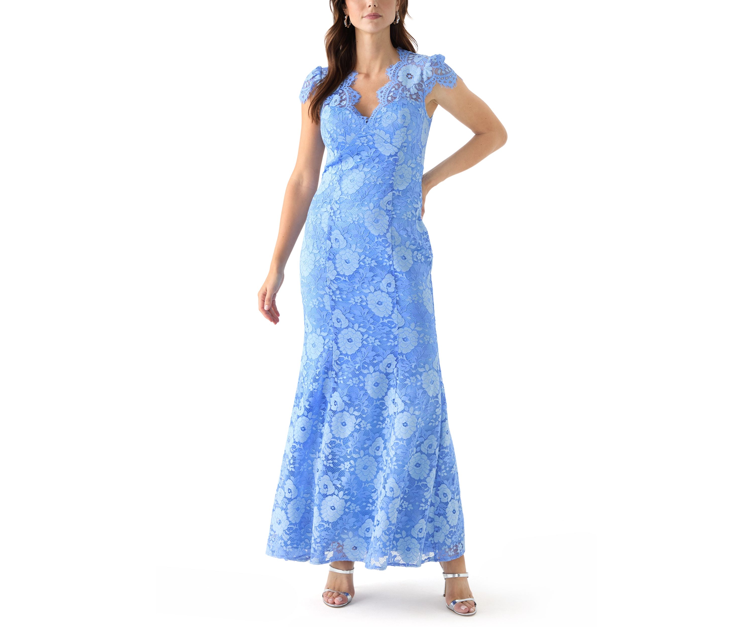 Womens Short Sleeve V-Neck Lace Appliqué Gown
