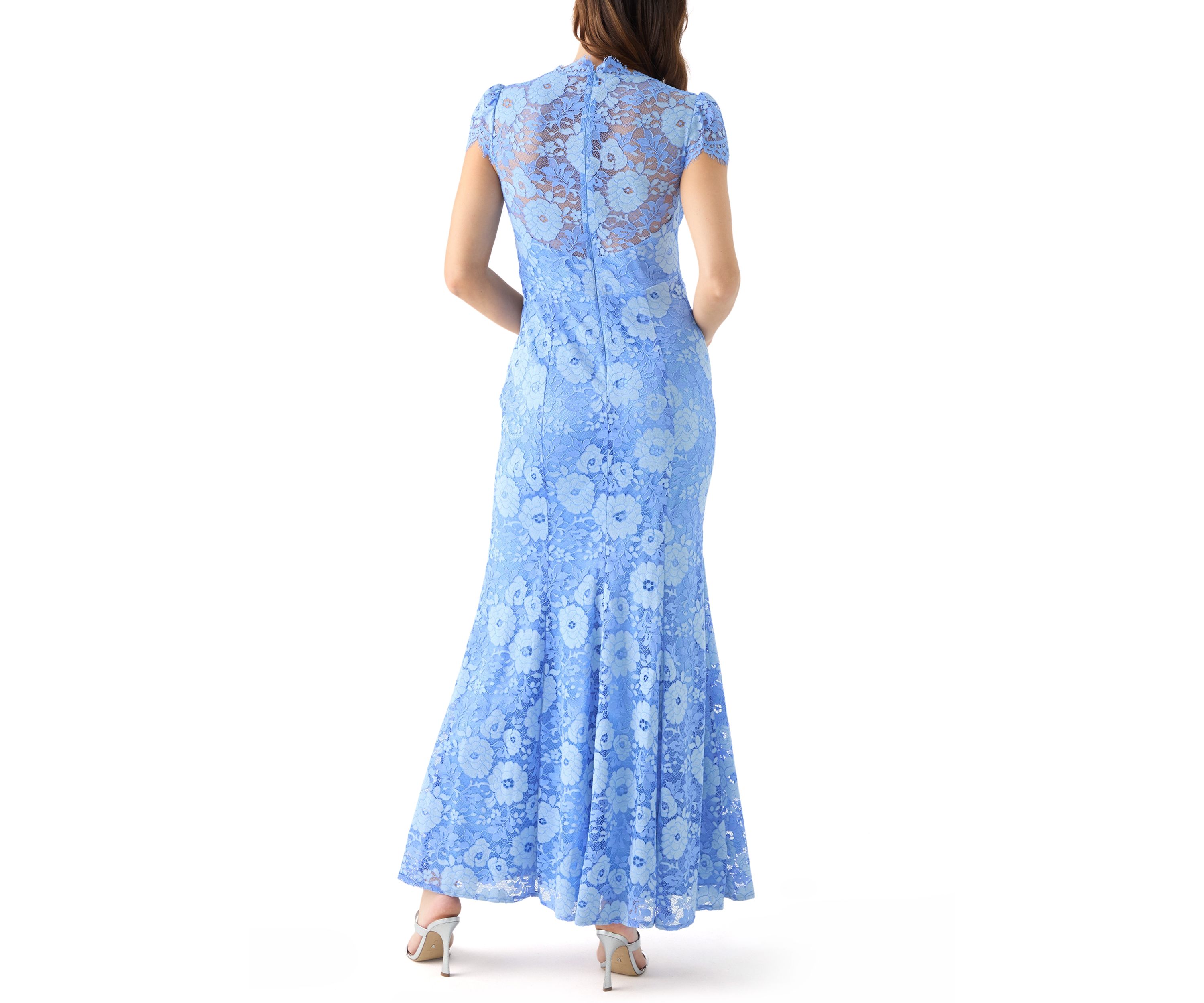 Womens Short Sleeve V-Neck Lace Appliqué Gown