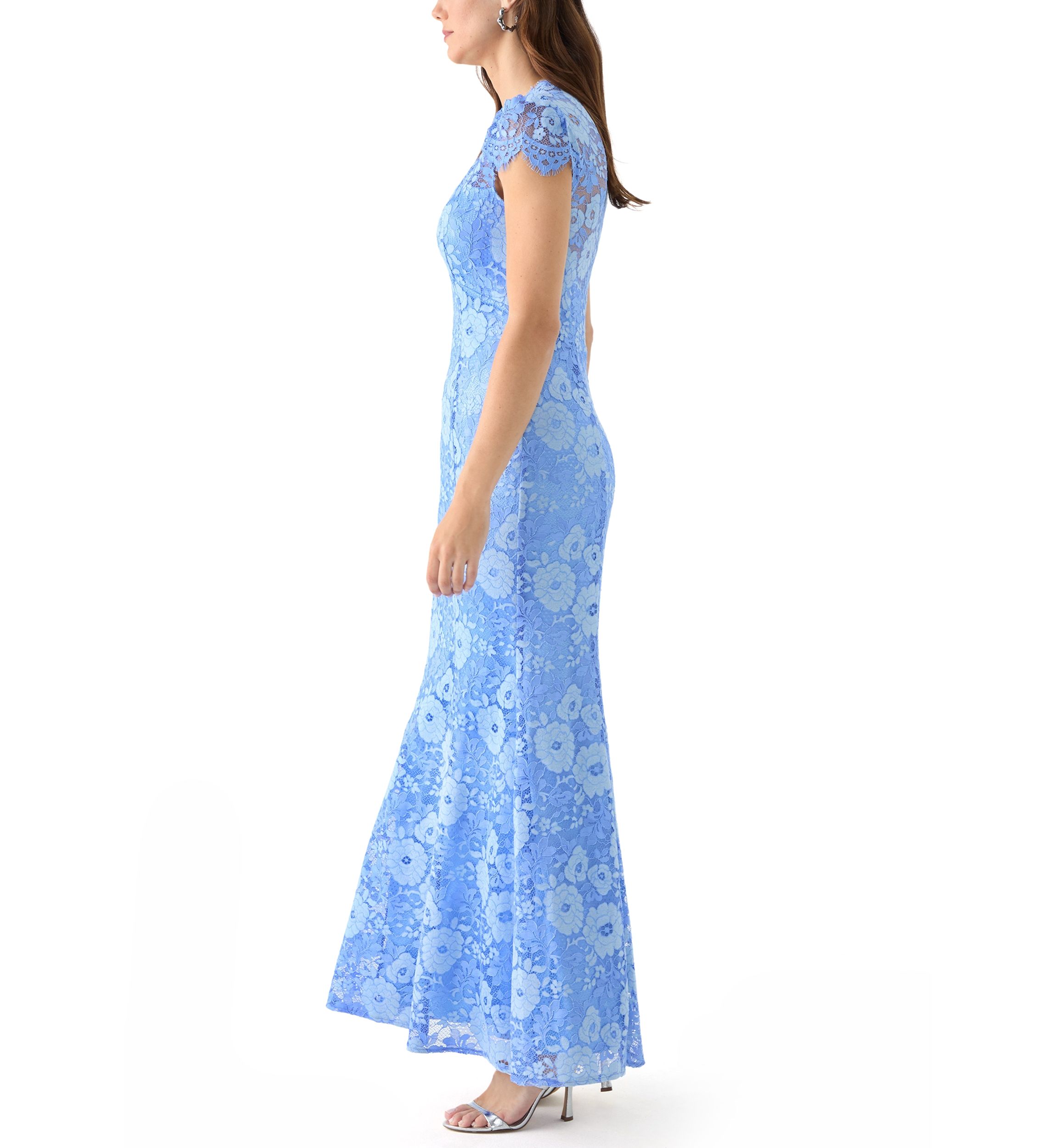 Womens Short Sleeve V-Neck Lace Appliqué Gown