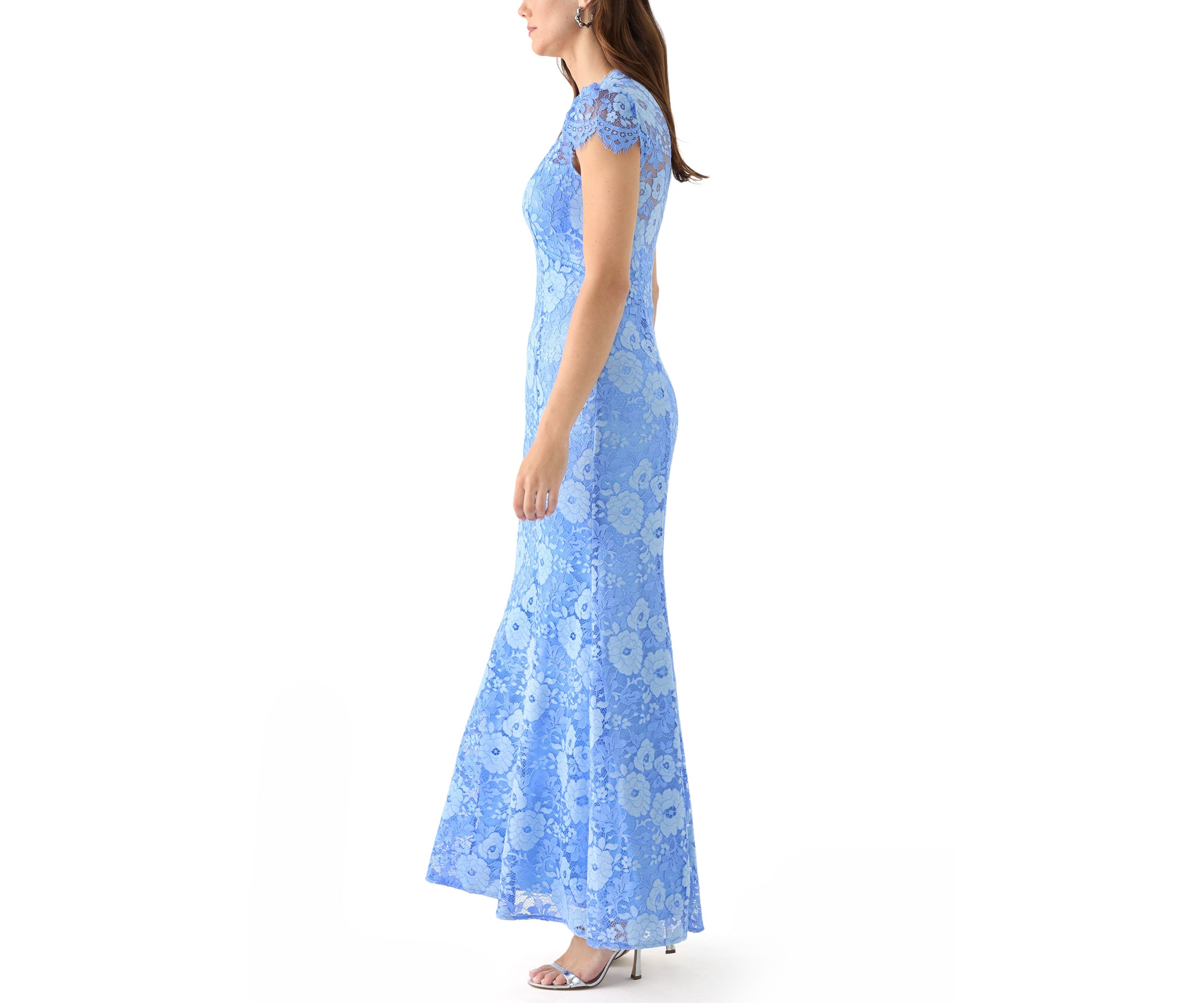Womens Short Sleeve V-Neck Lace Appliqué Gown