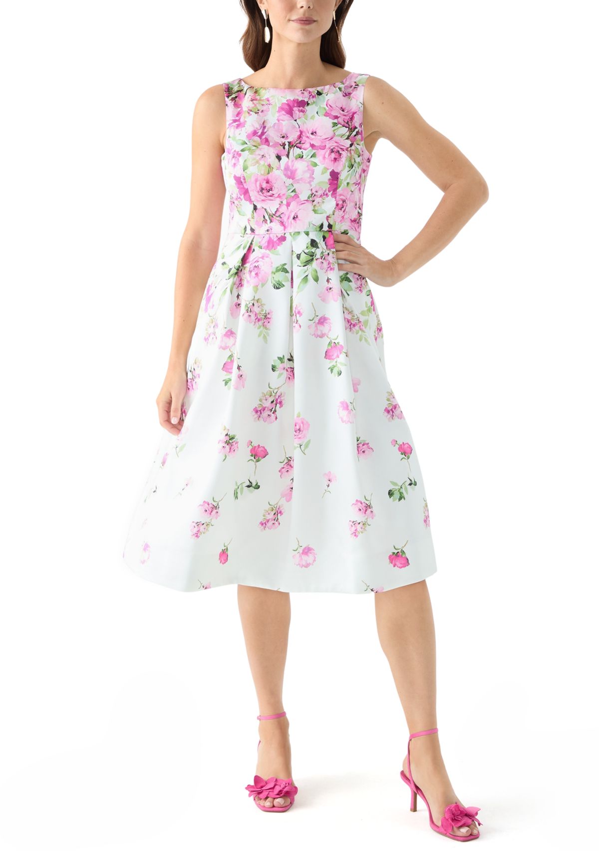 Womens Sleeveless Crew Neck Floral Print Scuba Fit and Flare Dress
