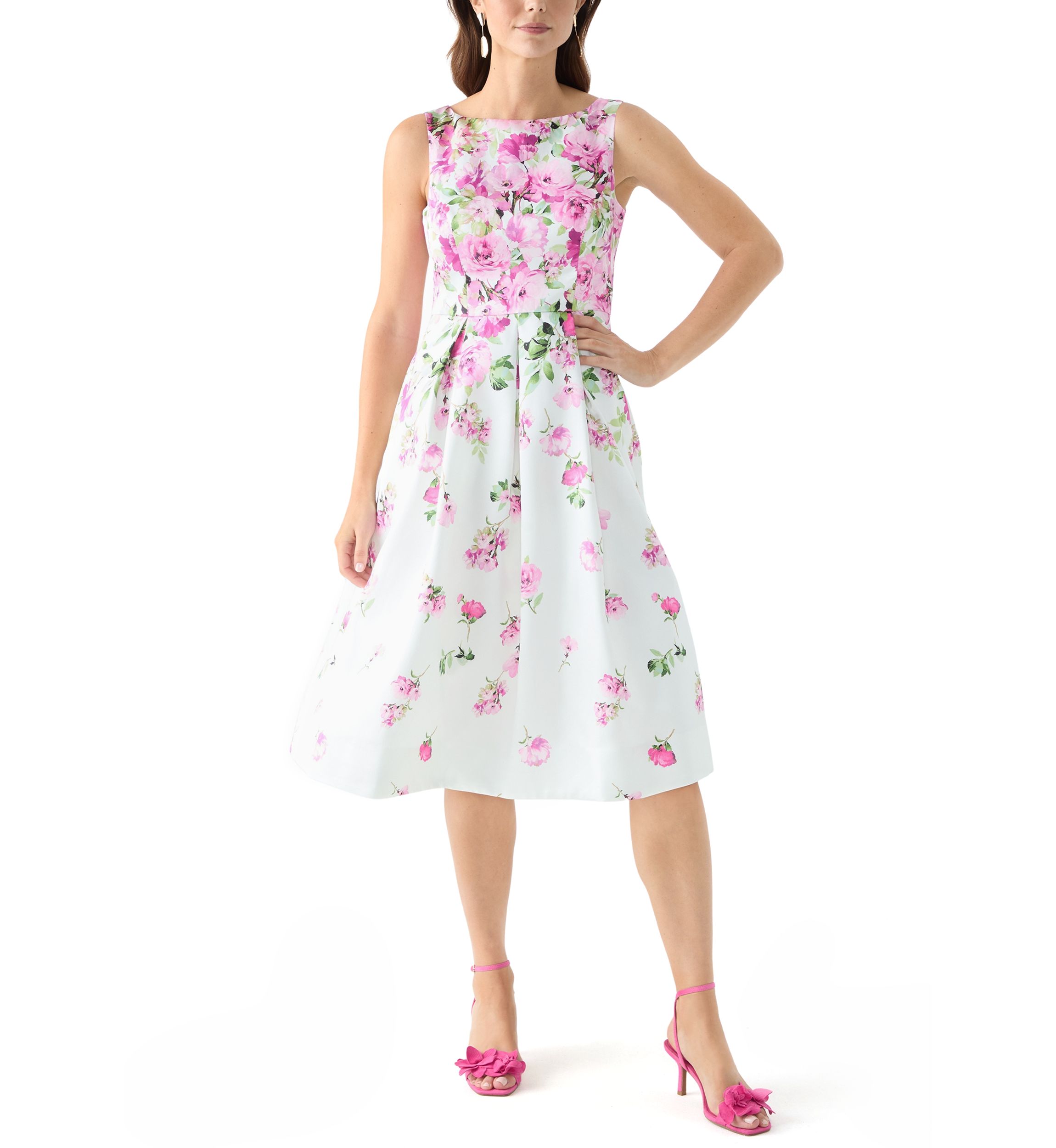 Womens Sleeveless Crew Neck Floral Print Scuba Fit and Flare Dress