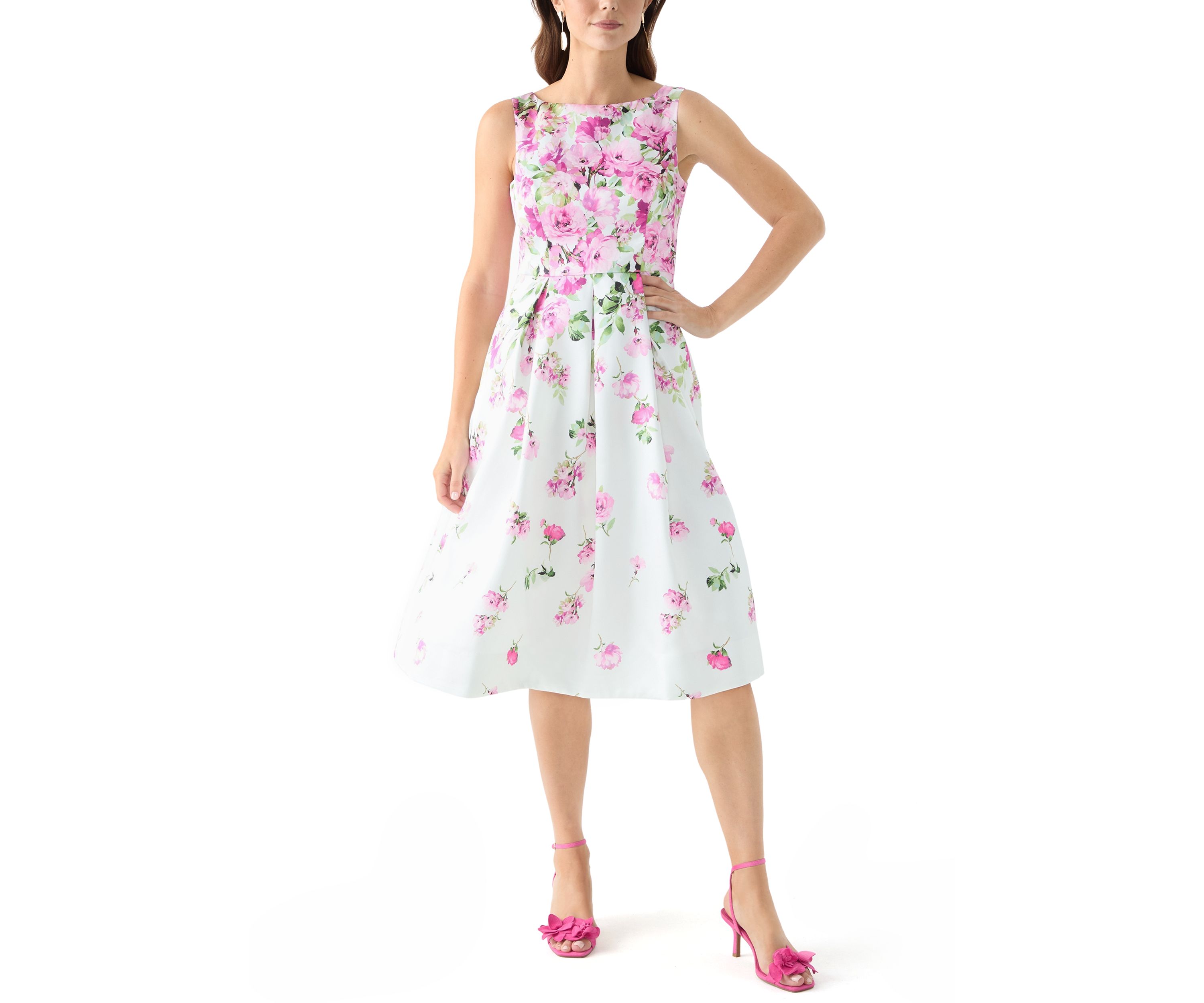 Womens Sleeveless Crew Neck Floral Print Scuba Fit and Flare Dress