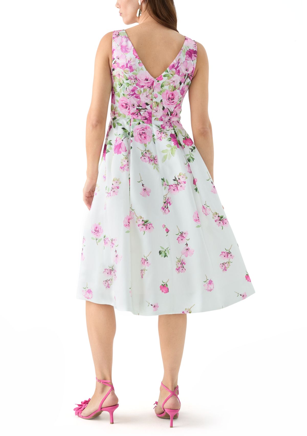 Womens Sleeveless Crew Neck Floral Print Scuba Fit and Flare Dress