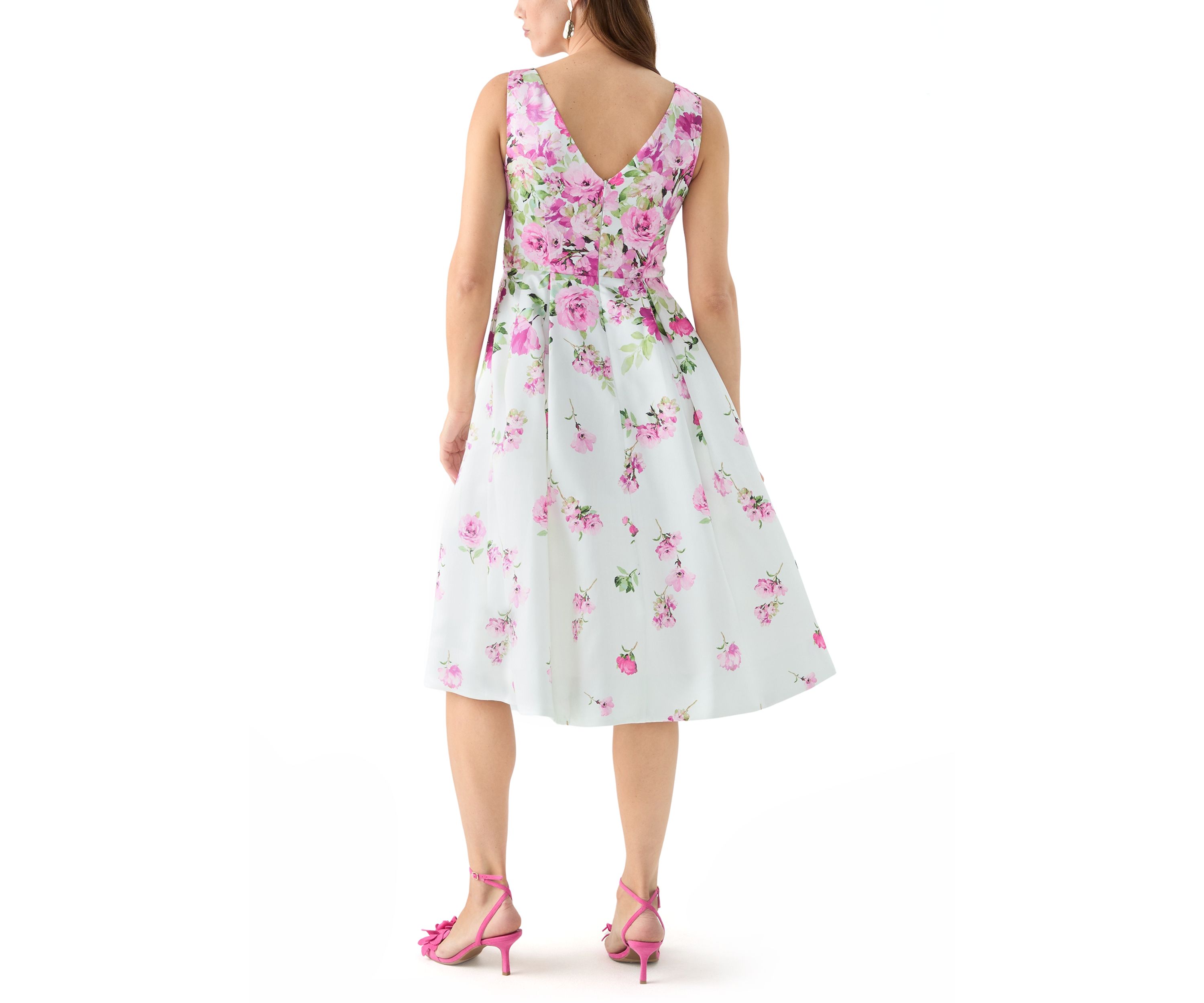 Womens Sleeveless Crew Neck Floral Print Scuba Fit and Flare Dress