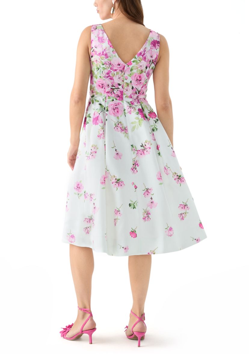 Womens Sleeveless Crew Neck Floral Print Scuba Fit and Flare Dress