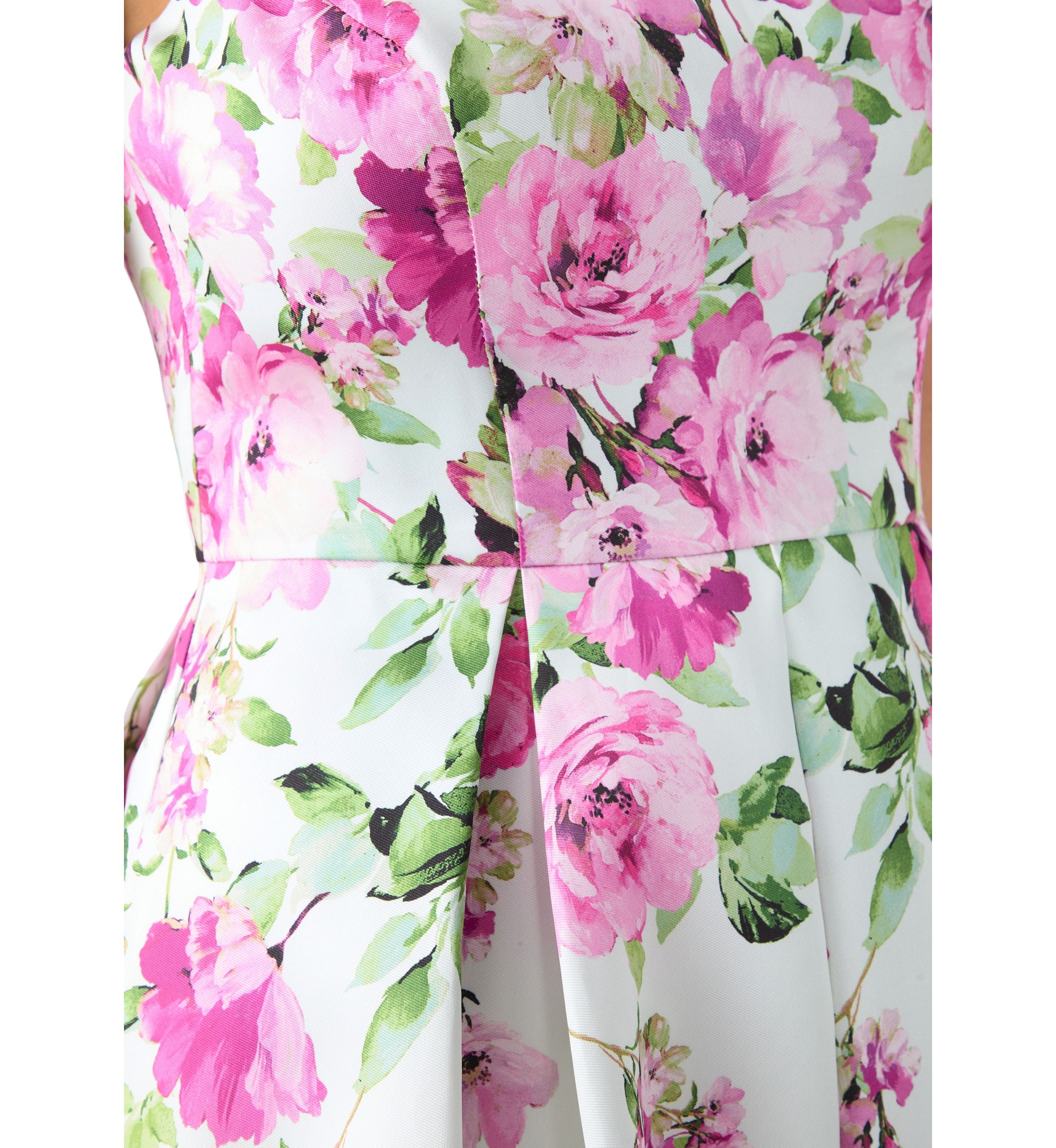 Womens Sleeveless Crew Neck Floral Print Scuba Fit and Flare Dress