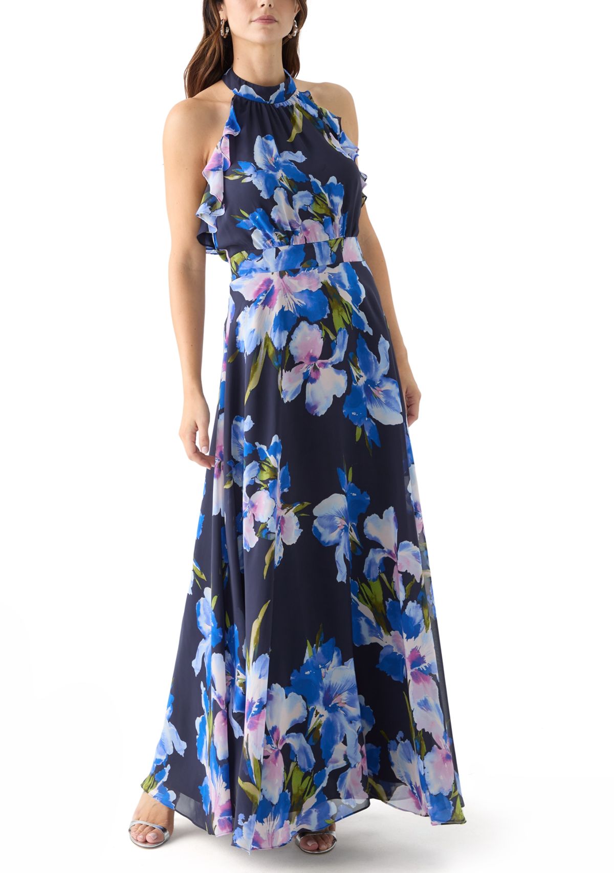 Womens Sleeveless Halter Neck Floral Print Gown