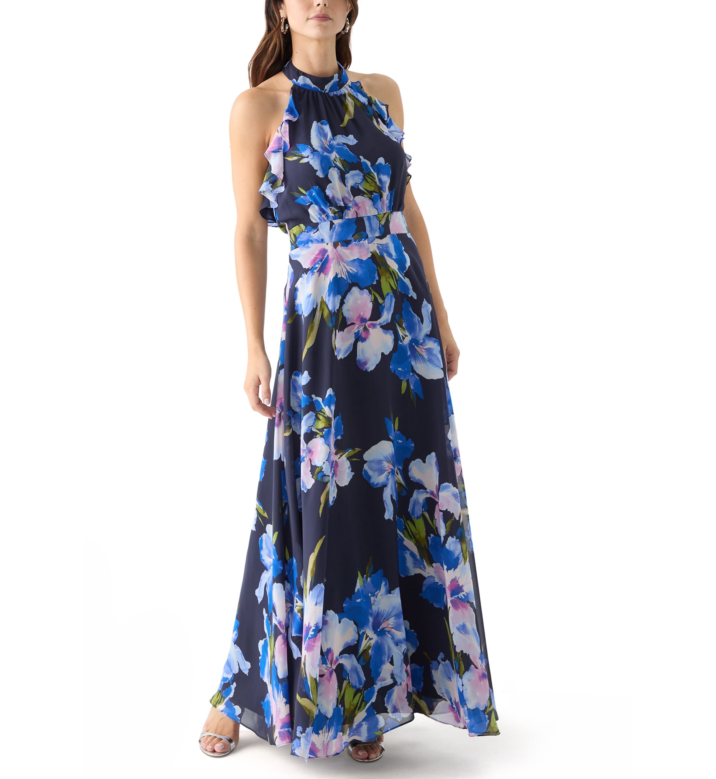 Womens Sleeveless Halter Neck Floral Print Gown