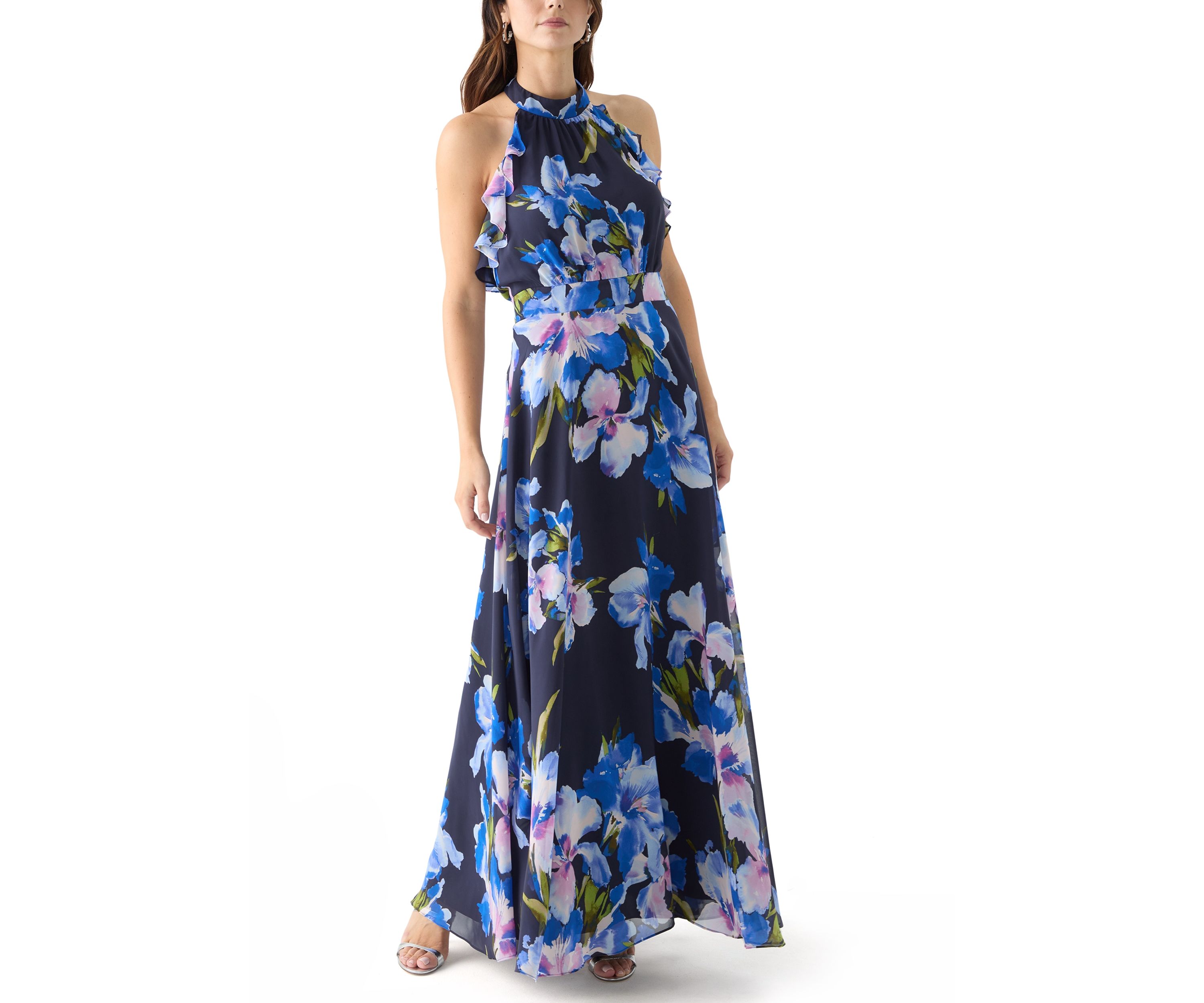 Womens Sleeveless Halter Neck Floral Print Gown